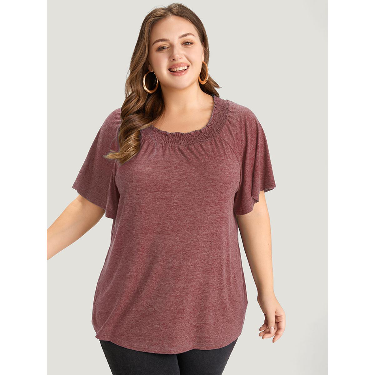 Plus Size Plain Shirred Crew Neck Flutter Sleeve T-shirt Russet Women Elegant Gathered Plain Round Neck Dailywear T-shirts BloomChic 28/5X Product Image