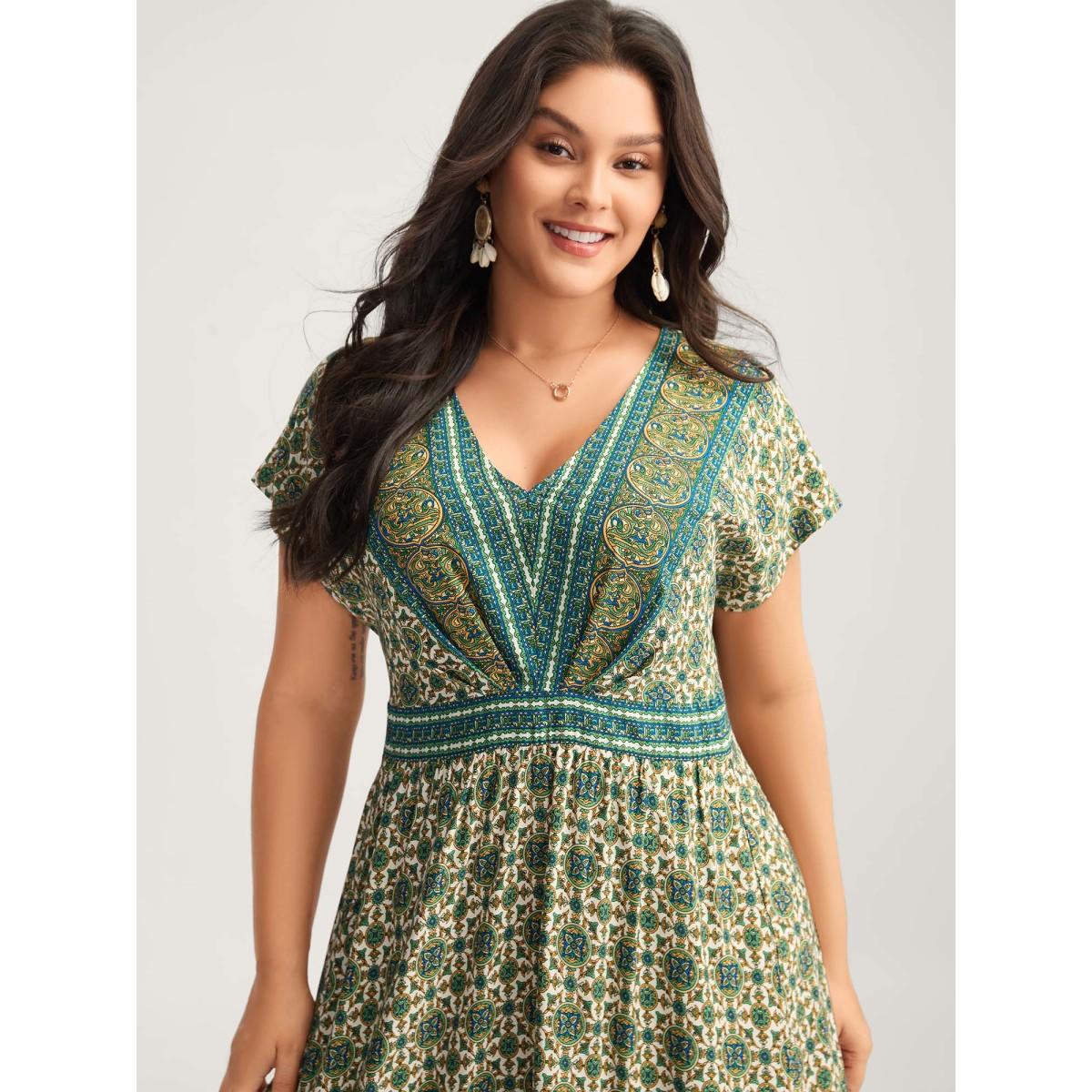 Plus Size Rayon Floral Boho Print Pockets Midi Dress Multicolor Women Boho Shirred V-neck Short sleeve Curvy BloomChic 10/M Product Image