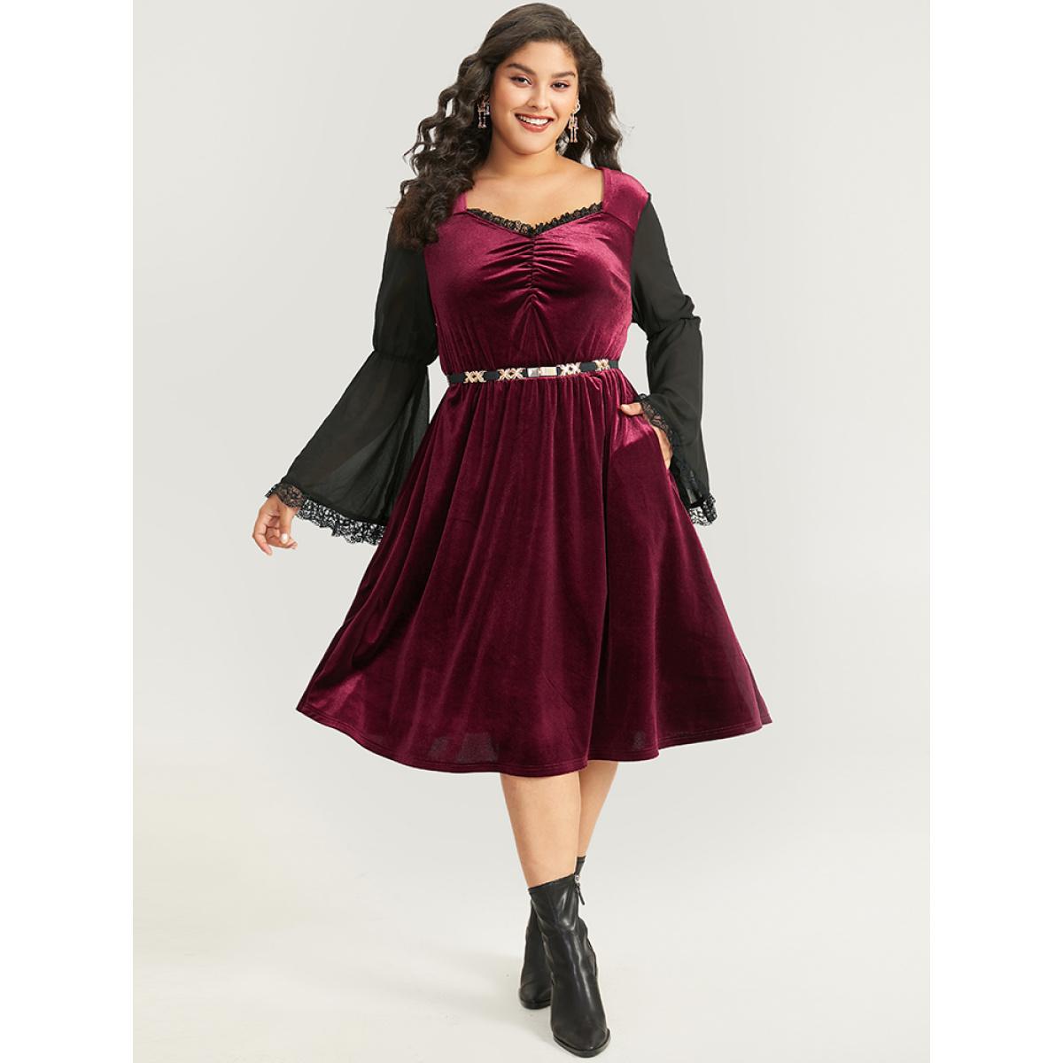 Plus Size Halloween Two Tone Velvet Ruched Lace Panel Bell Sleeve Dress Burgundy Women Elegant Gathered Square Neck Long Sleeve Curvy Midi Dress BloomChic 12/L Product Image