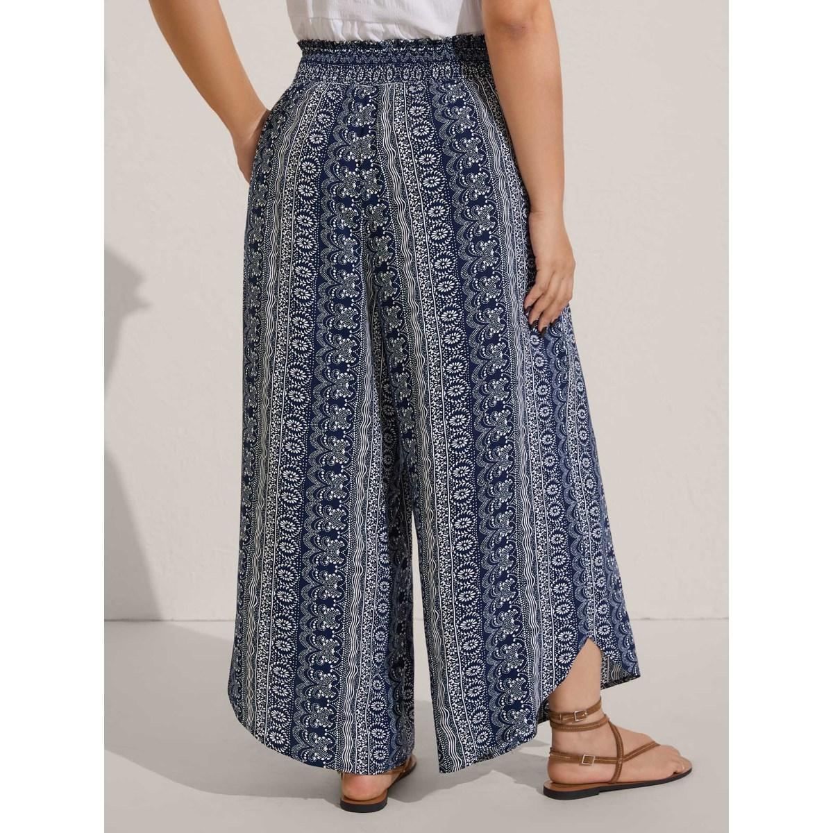 Plus Size Boho Print Shirred Waist Wide-Leg Pants Women Indigo Boho Wide Leg Mid Rise Vacation Pants BloomChic 10/M Product Image