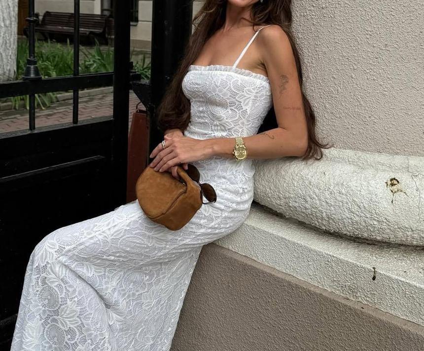 Spaghetti Strap Plain Frill Lace Maxi Sheath Dress Product Image