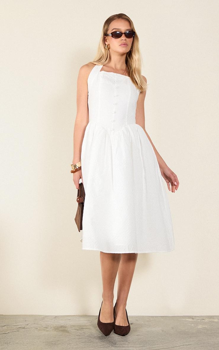 White Embroidered Cotton Halterneck Midaxi Dress Product Image