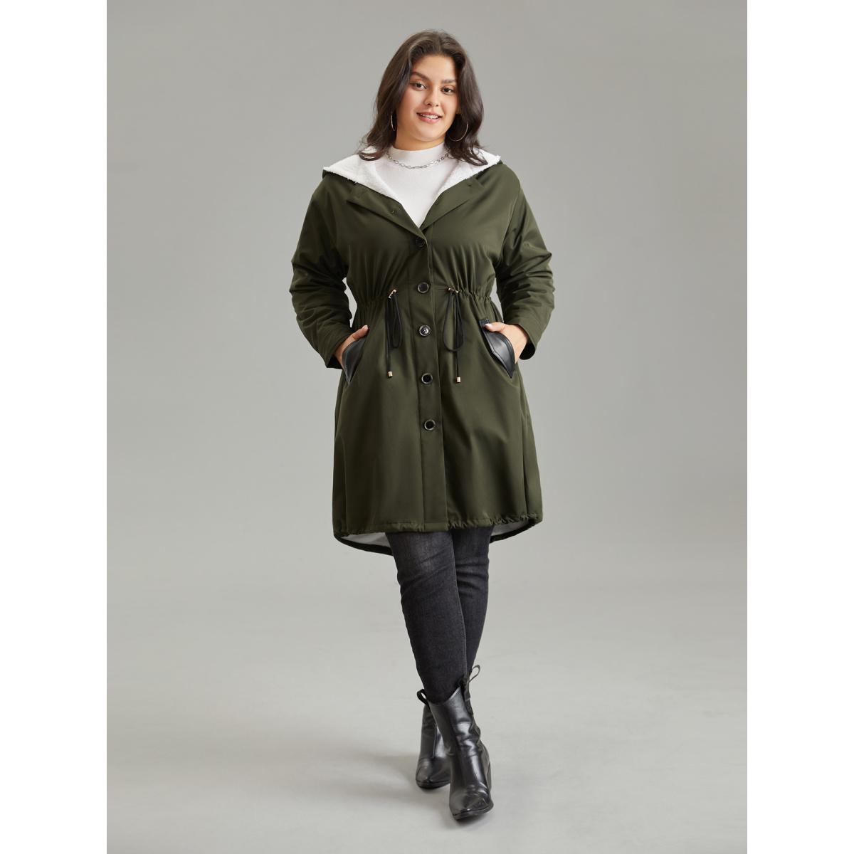 Plus Size Patchwork Fuzzy PU Leather Drawstring Coat Women ArmyGreen Casual Contrast Ladies Dailywear Winter Coats BloomChic 22-24/3X Product Image