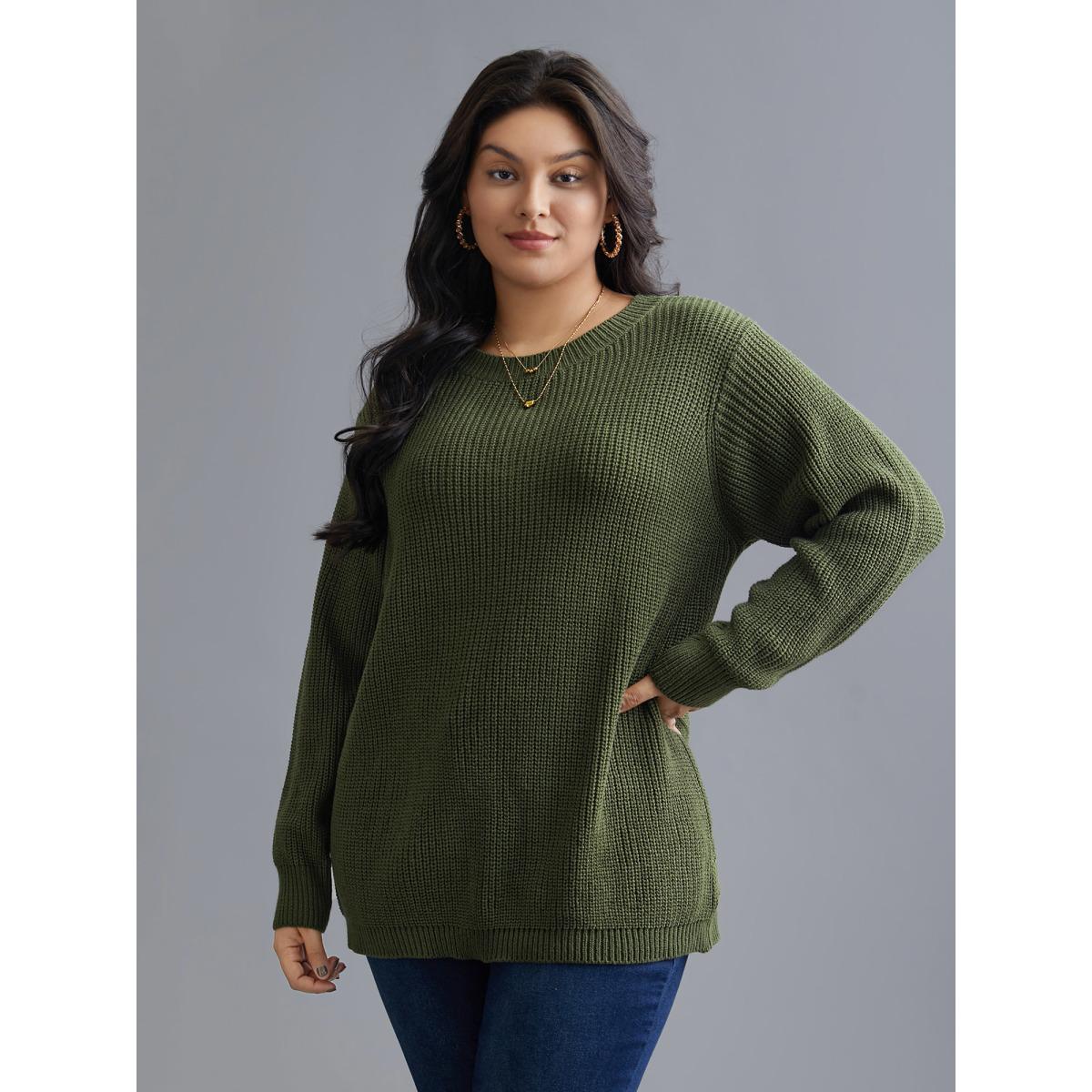 Plus Size Plain Hollow Out Cable Knit Pullover Moss Women Leisure Loose Long Sleeve Round Neck Casual Pullovers BloomChic 28/5X Product Image