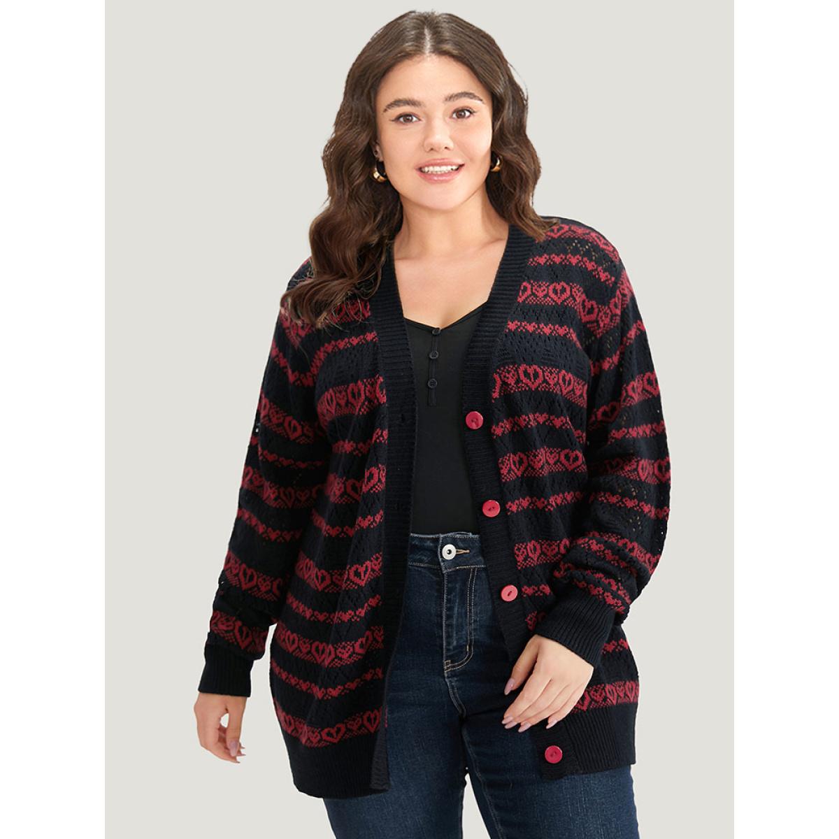 Plus Size Heart Graphic Button Through Eyelet Cardigan Scarlet Women Casual Loose Long Sleeve Dailywear Cardigans BloomChic 22-24/3X Product Image