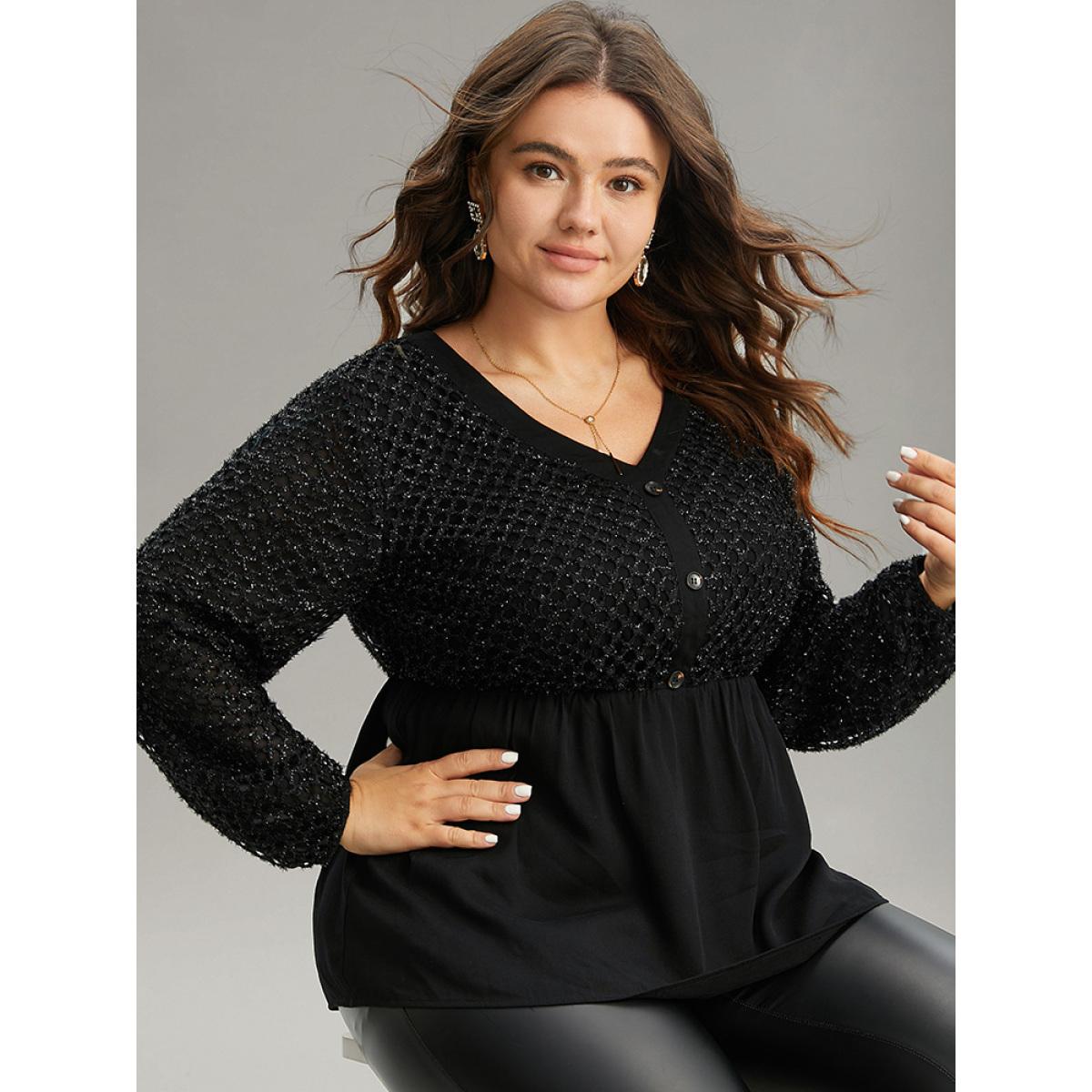 Plus Size Black Glitter Mesh Patchwork Lantern Sleeve Blouse Women Glamour Long Sleeve V-neck Festival-Christmas Blouses BloomChic 10/M Product Image