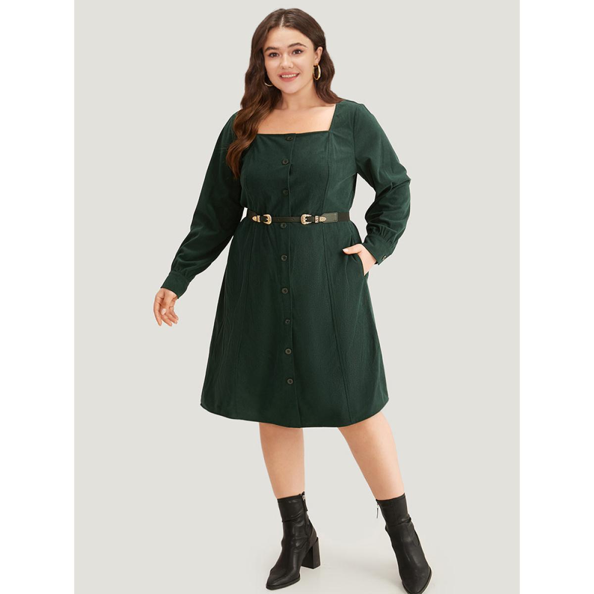 Plus Size Corduroy Plain Pocket Button Detail Dress DarkGreen Women Elegant Gathered Square Neck Long Sleeve Curvy Midi Dress BloomChic 12/L Product Image