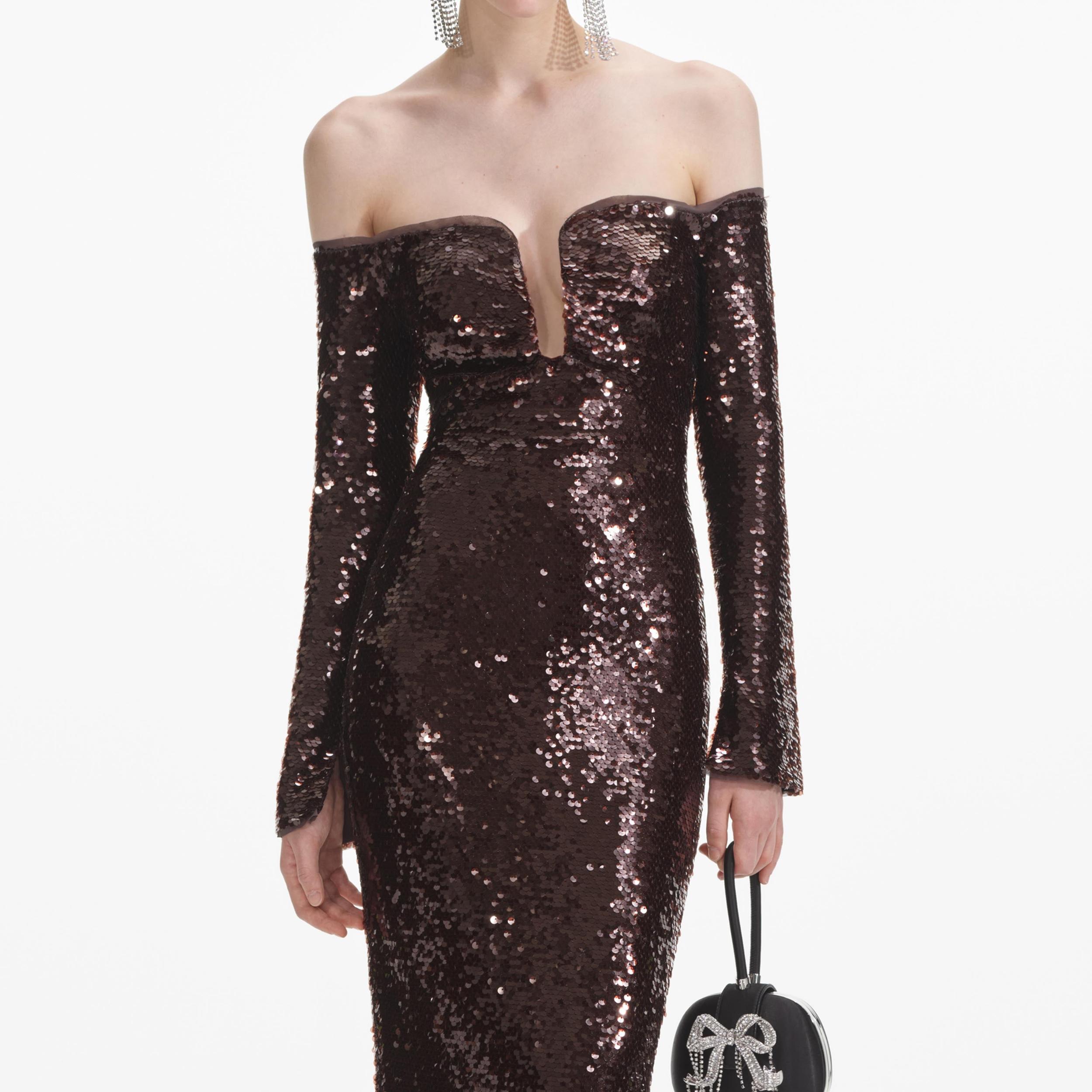 Brown Sequin Off Shoulder Maxi Dress Product Image