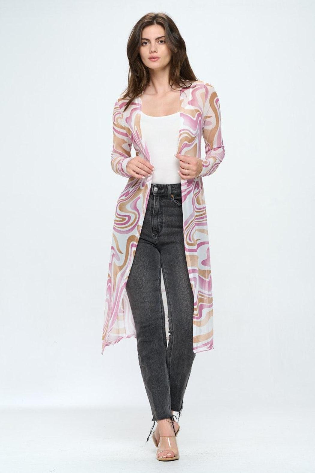 Long Sleeve Longline Duster In Swirl Printed Mesh Product Image