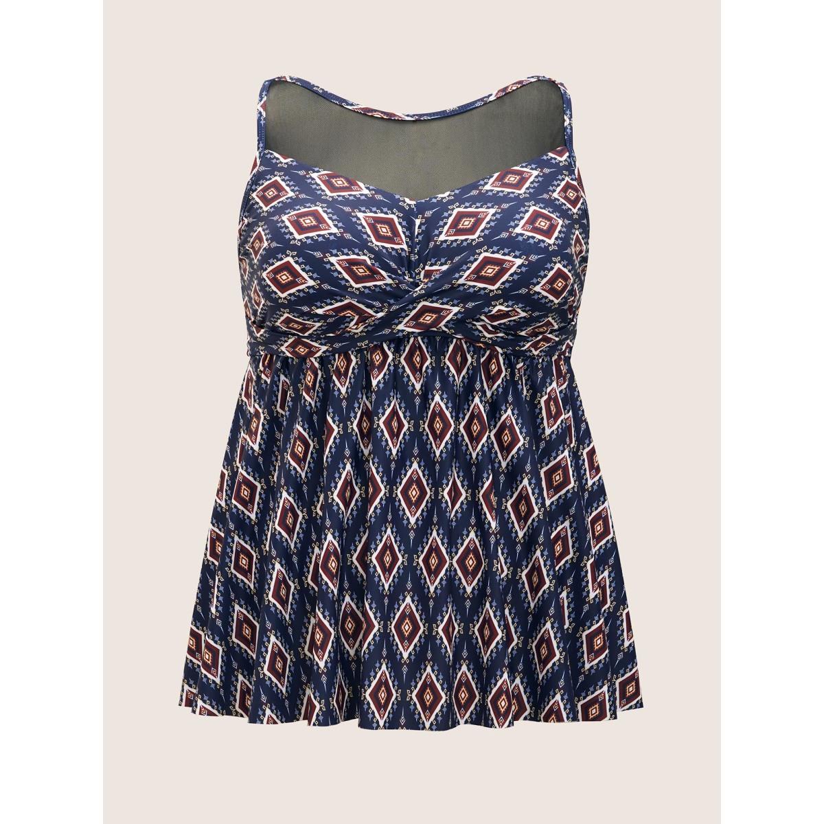 Plus Size Boho Print Twist Front Patchwork Mesh Swim Top Women's Swimwear Indigo Beach Twist High stretch Bodycon Round Neck Curve Swim Tops BloomChic 28/5X Product Image