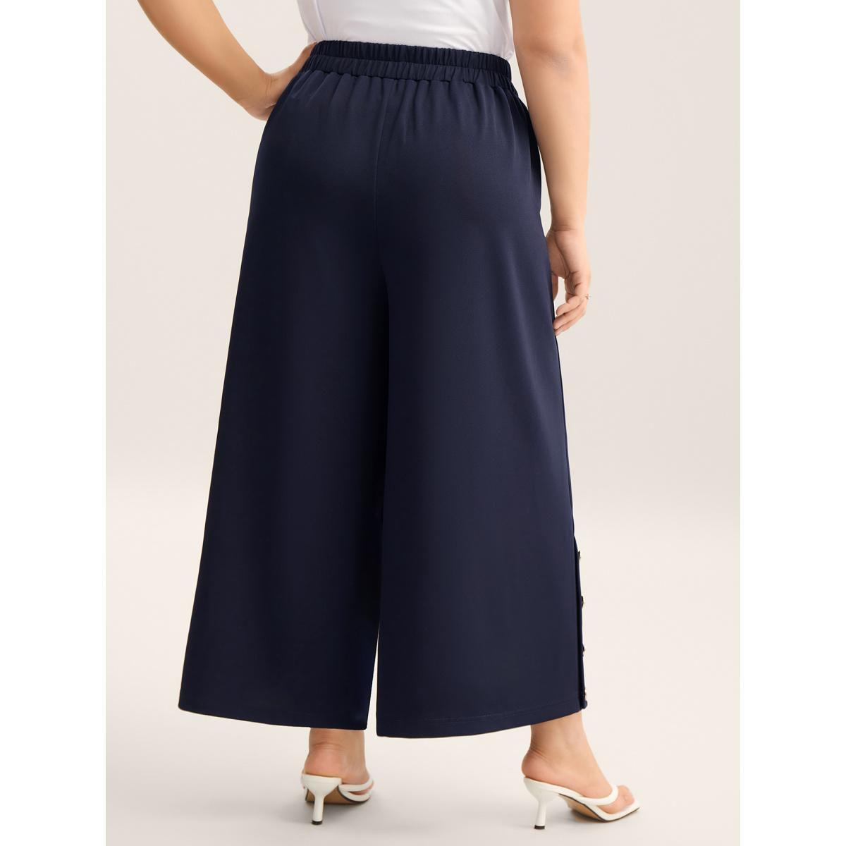 Plus Size Button Detail Wide-Leg Pull-On Pants Women Indigo Elegant Wide Leg Mid Rise Everyday-Elegant Pants BloomChic 14-16/1X Product Image