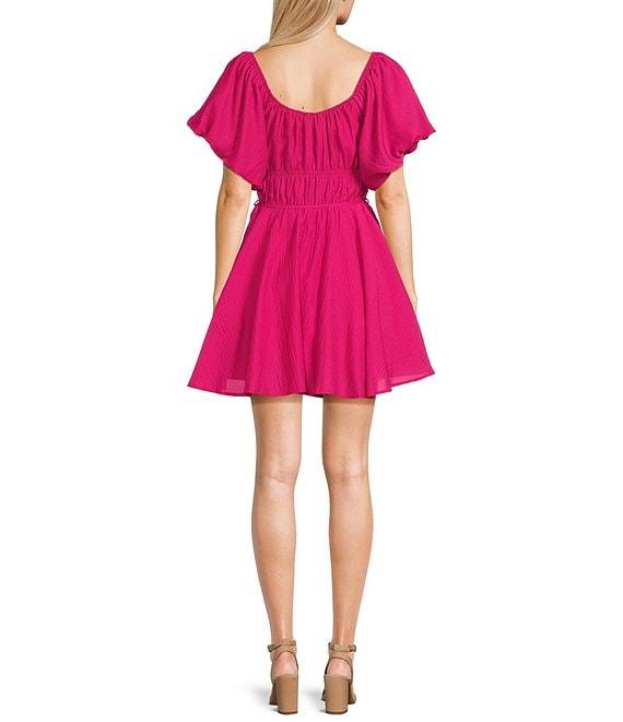 Midnight Doll Puff Short Sleeve Waist Tie Flowy Dress Product Image