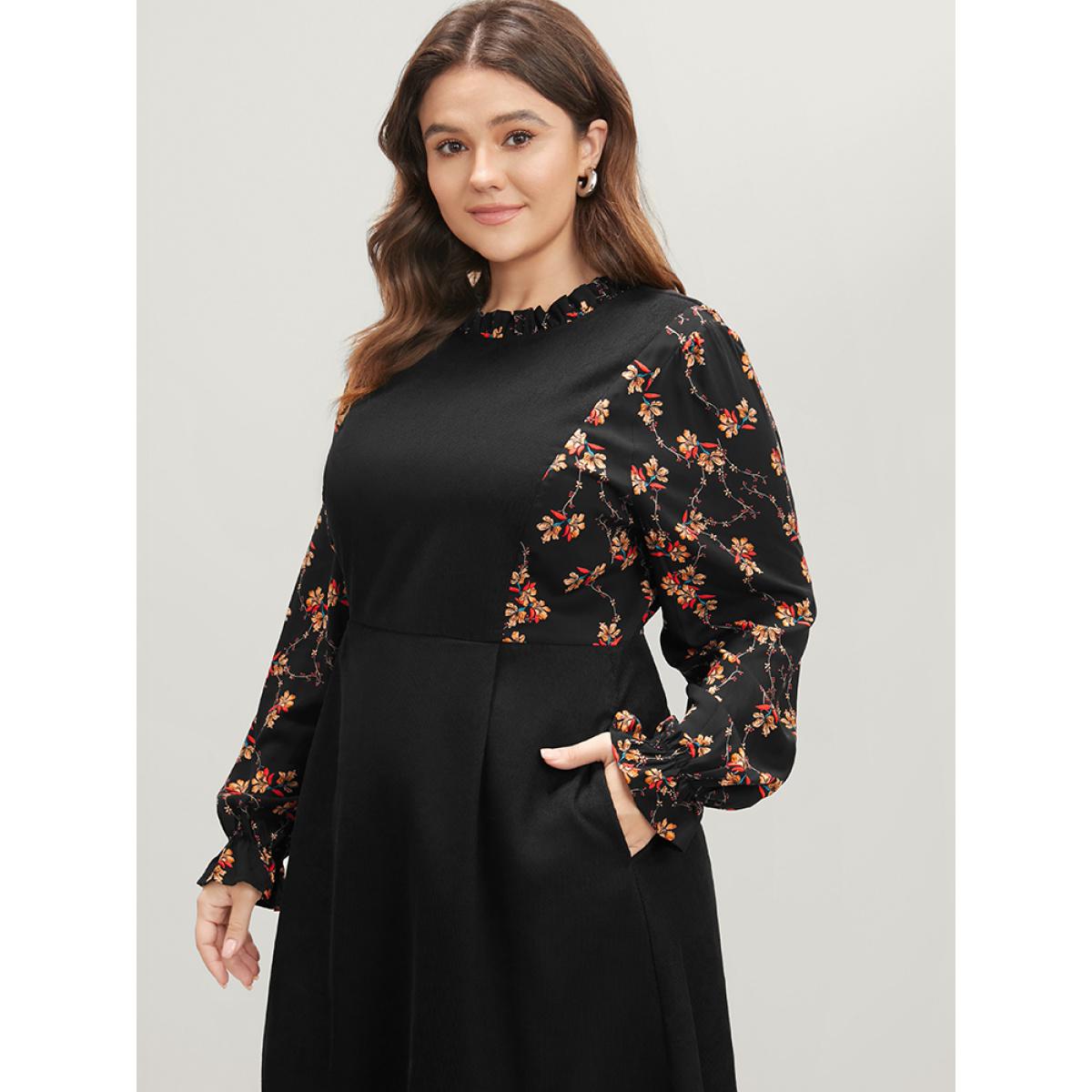 Plus Size Floral Patchwork Ruffle Trim Pocket Zipper Dress Black Women Elegant Zipper Stand-up collar Long Sleeve Curvy Midi Dress BloomChic 12/L Product Image