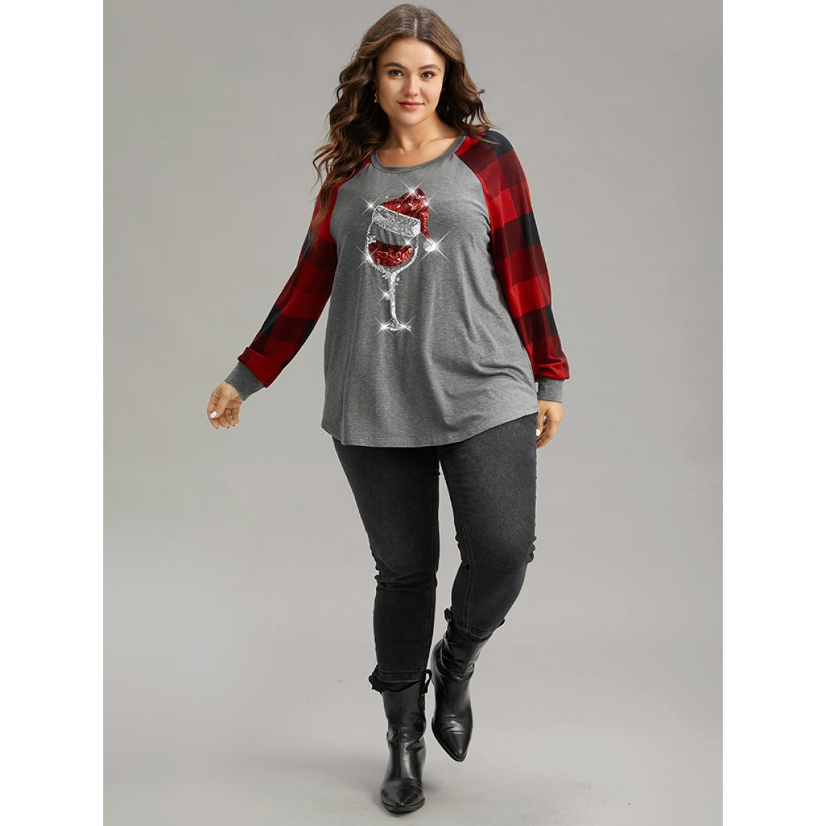Plus Size Christmas Sequin Plaid Patchwork T-shirt Gray Women Casual Sequin Christmas Festival-Christmas T-shirts BloomChic 10/M Product Image