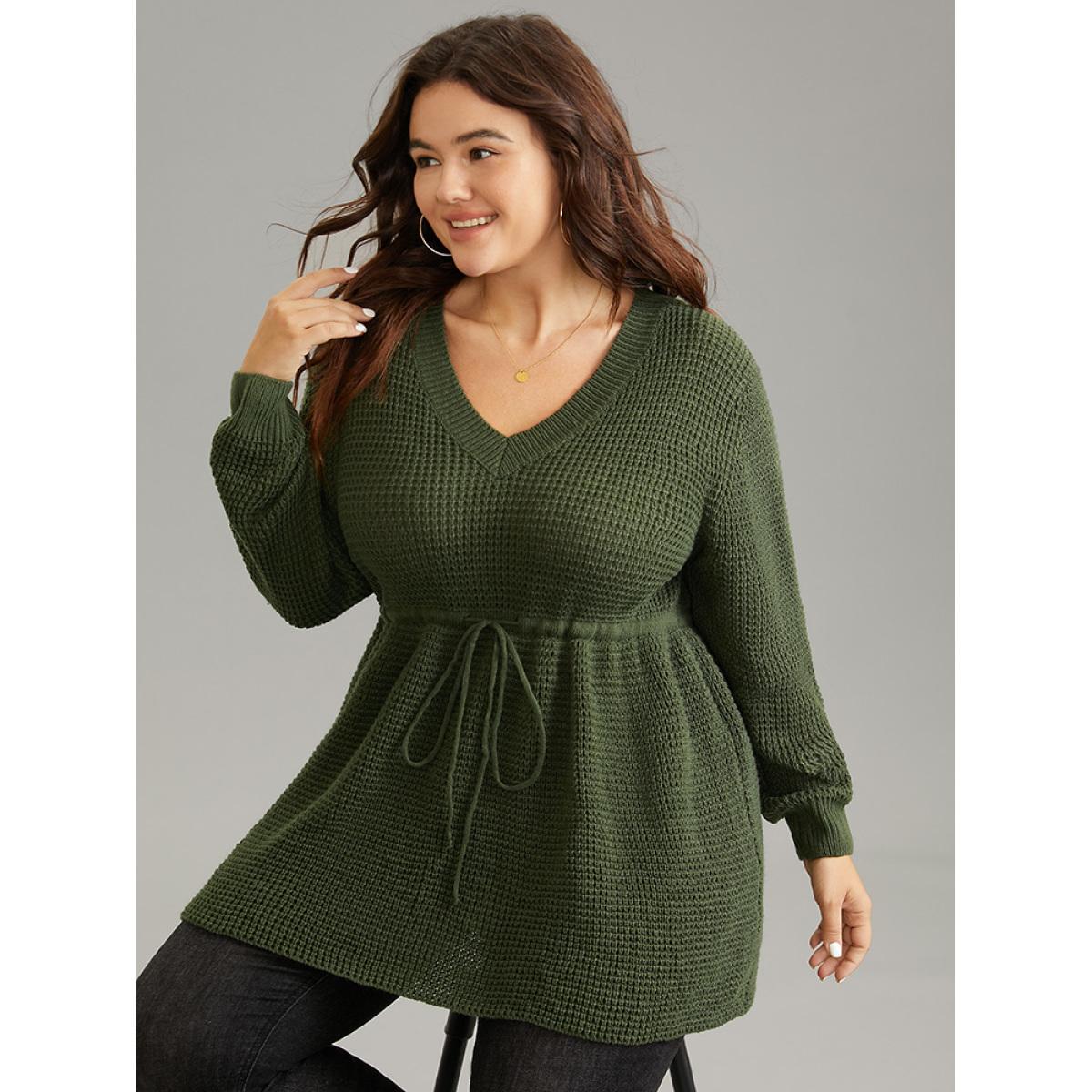 Plus Size Solid Drawstring Curved Hem Knit Pullover ArmyGreen Women Casual Long Sleeve V-neck Everyday Pullovers BloomChic 28/5X Product Image