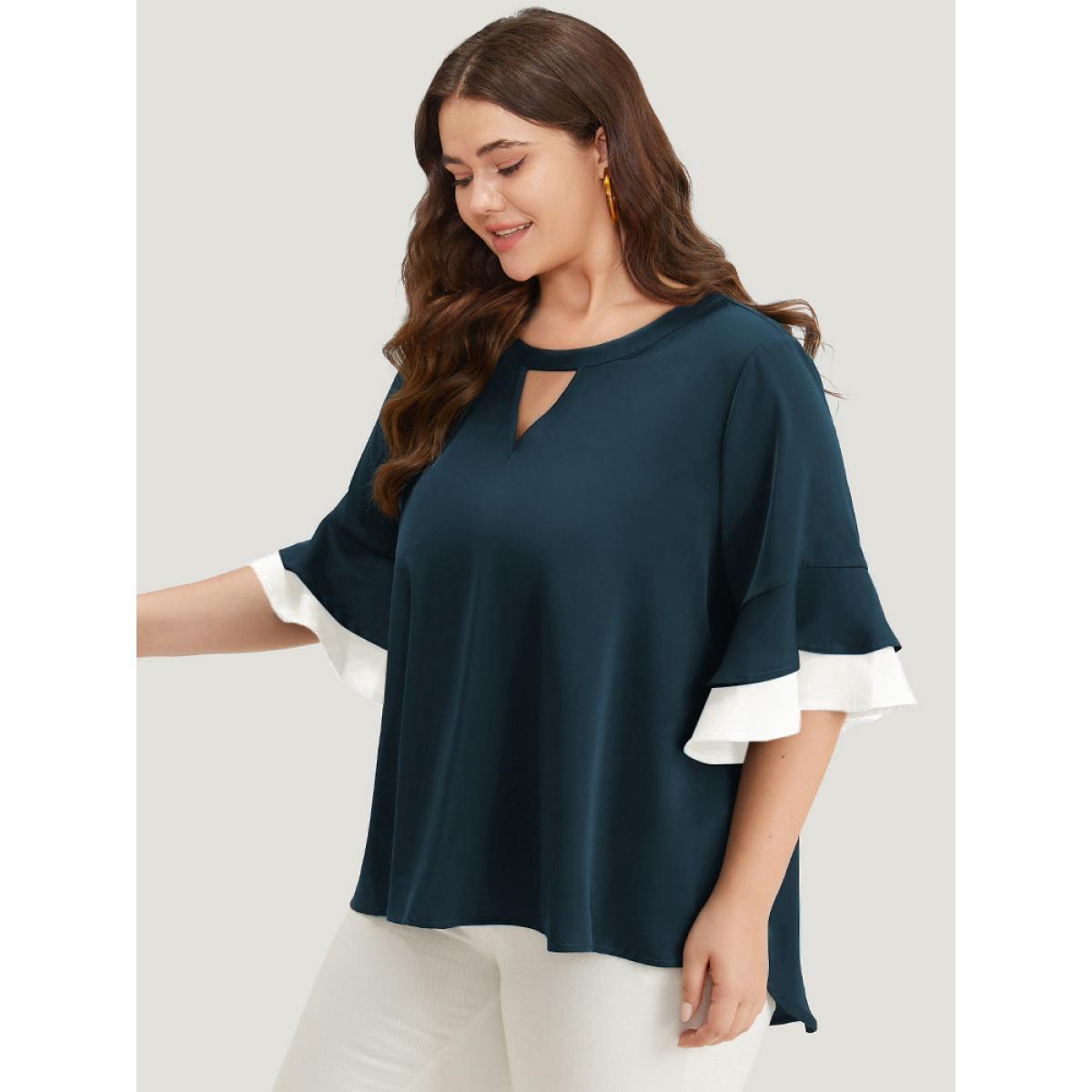 Plus Size Cyan Anti-Wrinkle Plain Keyhole Ruffle Layered Sleeve Blouse Women Office Half Sleeve Round Neck Work Blouses BloomChic 26/4X Product Image
