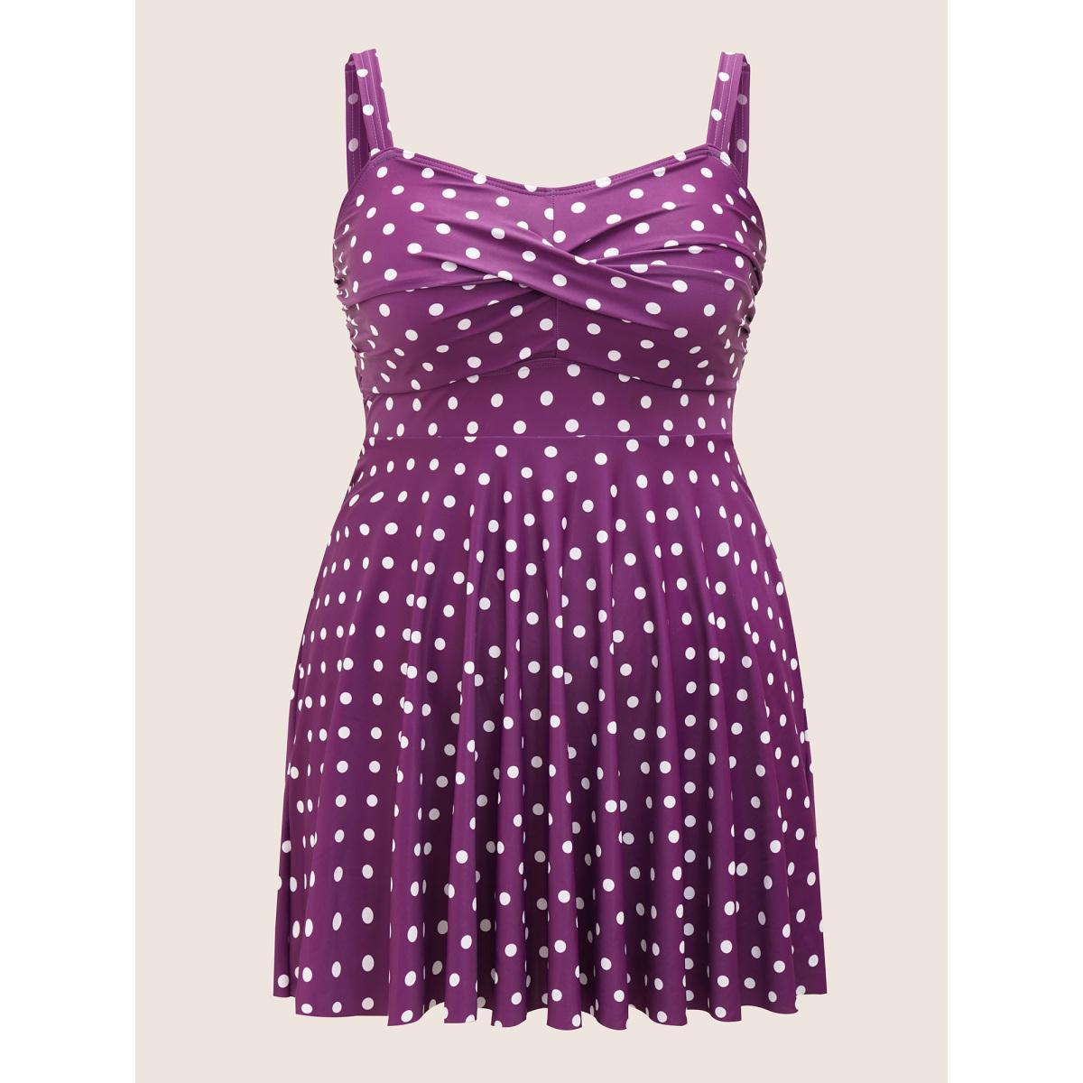 Plus Size Polka Dot Ruched Fit Flare Swim Dress Women's Swimwear Purple Beach Bodycon Strapless High stretch Curve Swim Dresses BloomChic 26/4X Product Image