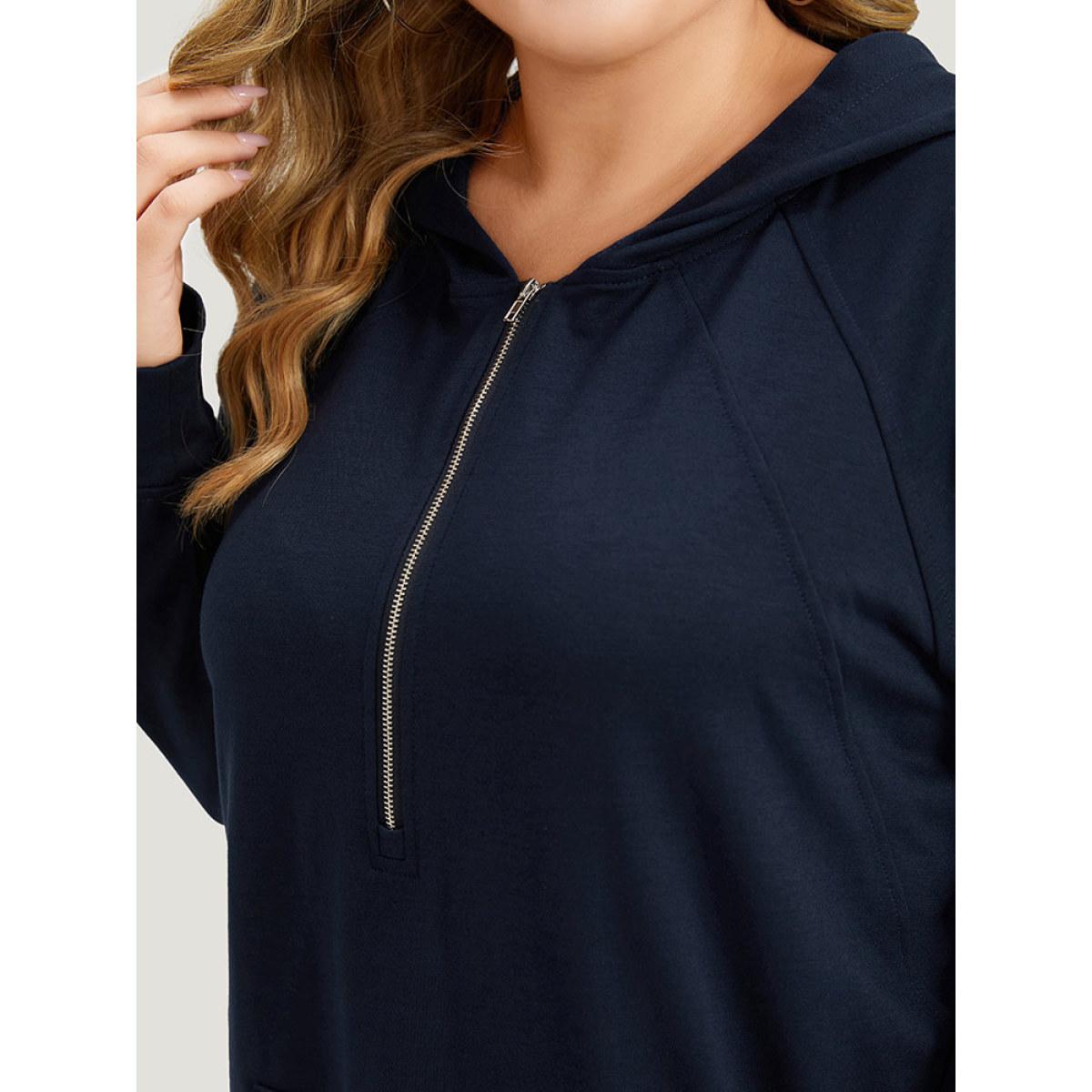 Plus Size Solid Half Zip Hooded Pocket Raglan Sleeve Sweatshirt Women Indigo Casual Elastic cuffs Hooded Dailywear Sweatshirts BloomChic 30/6X Product Image