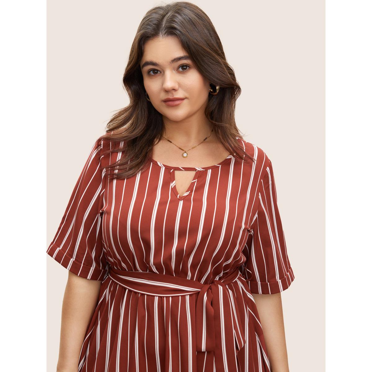 Plus Size Striped Keyhole Pocket Belted Elastic Waist Dress Russet Women At the Office Non Notched collar Half Sleeve Curvy Midi Dress BloomChic 18-20/2X Product Image