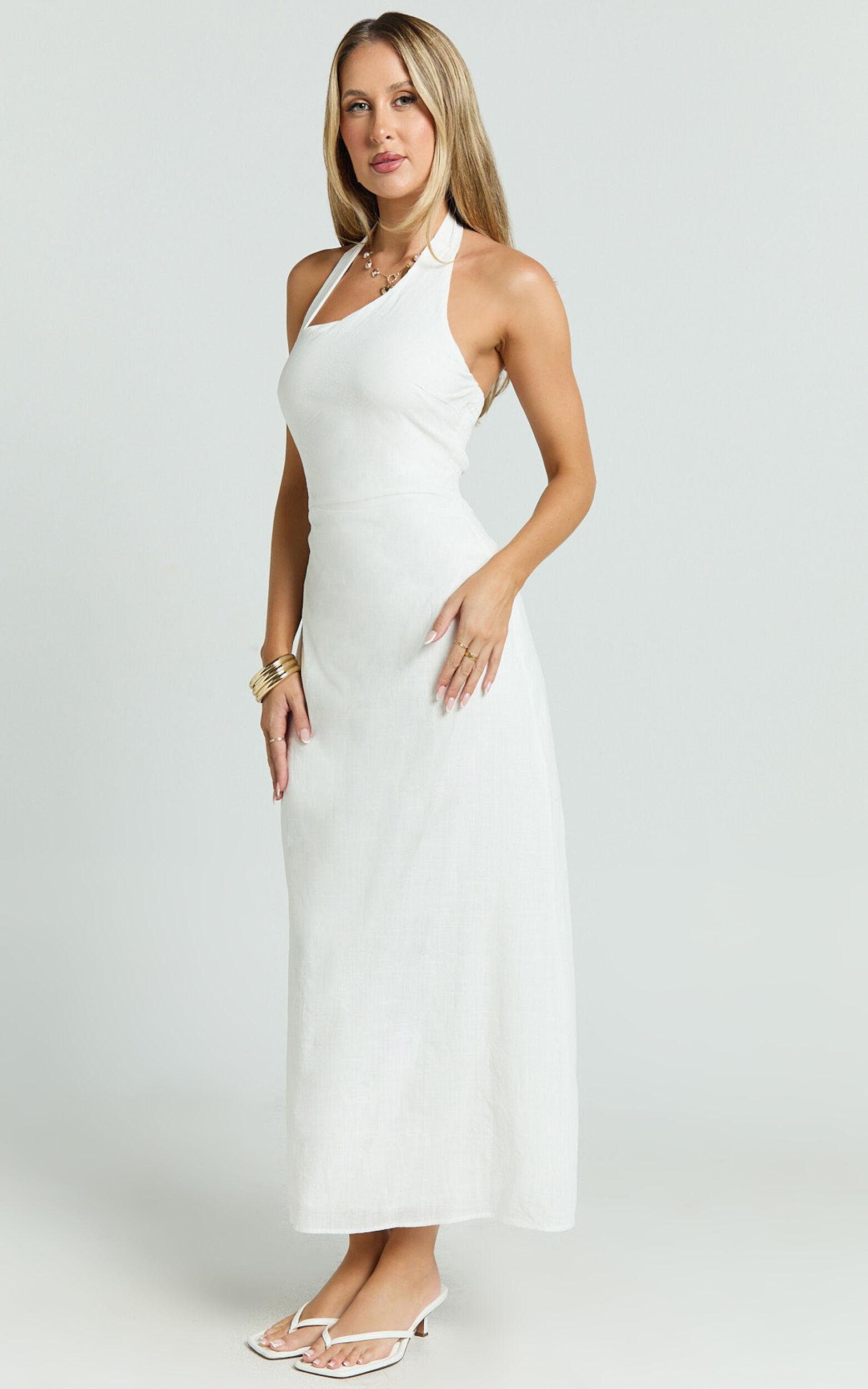 Lindley Midi Dress - Halter Neck Linen Look Dress in White Product Image