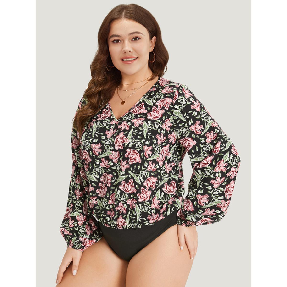 Plus Size Floral Print V Neck Elastic Waist Lantern Sleeve Bodysuit Women BlackFlower Natural Flowers Printed Bodysuits BloomChic 10/M Product Image