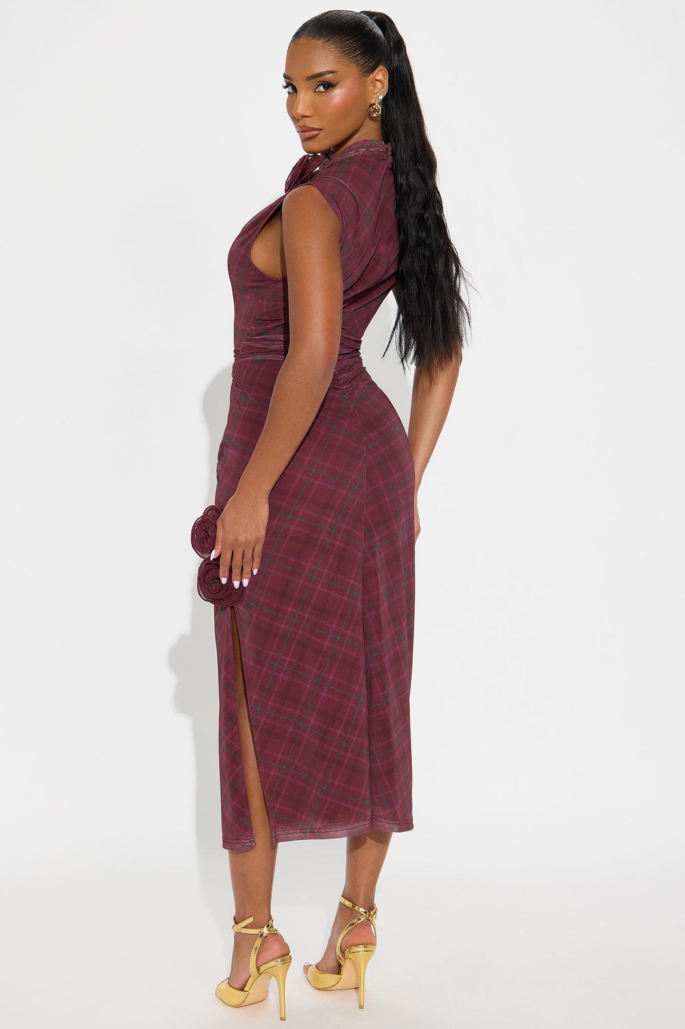 Rosie Ruched Plaid Mini Dress - Burgundy Female Product Image
