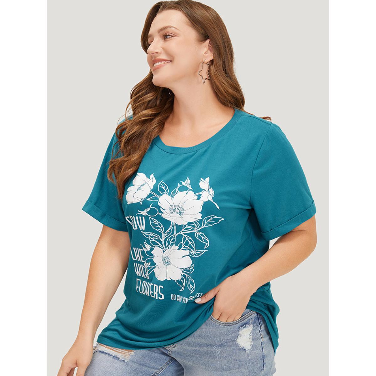 Plus Size Floral & Letter Roll Sleeve T-shirt Cerulean Women Casual Printed Natural Flowers Dailywear T-shirts BloomChic 26/4X Product Image