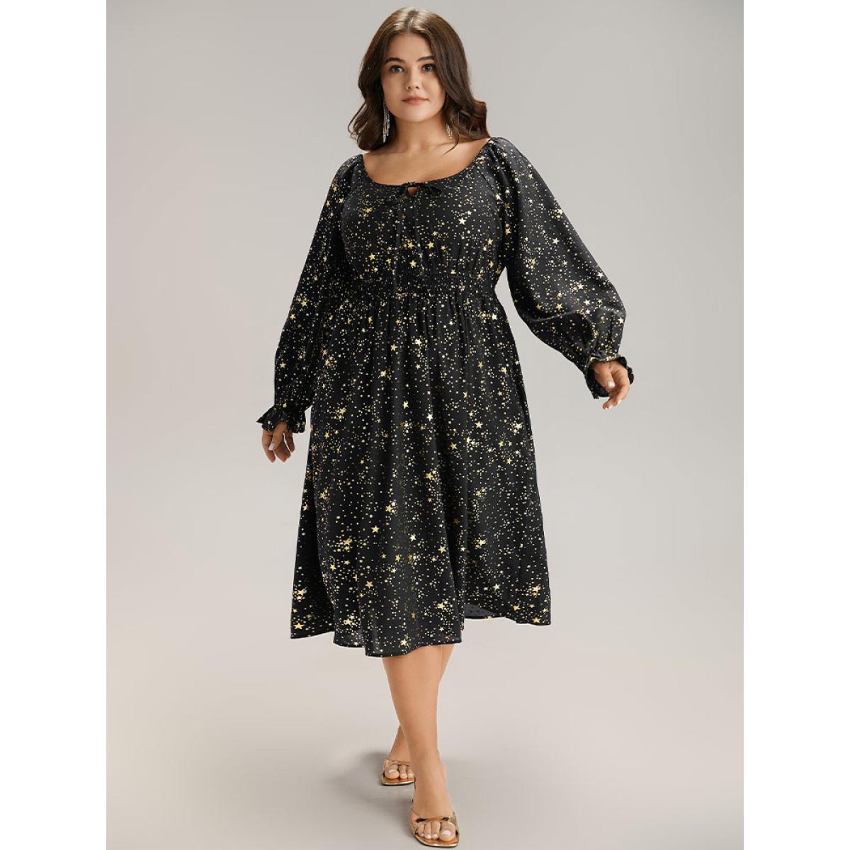 Plus Size Glitter Star Knot Neck Pocket Lantern Sleeve Dress Black Women Party Elastic cuffs Tie Neck Long Sleeve Curvy Midi Dress BloomChic 14-16/1X Product Image