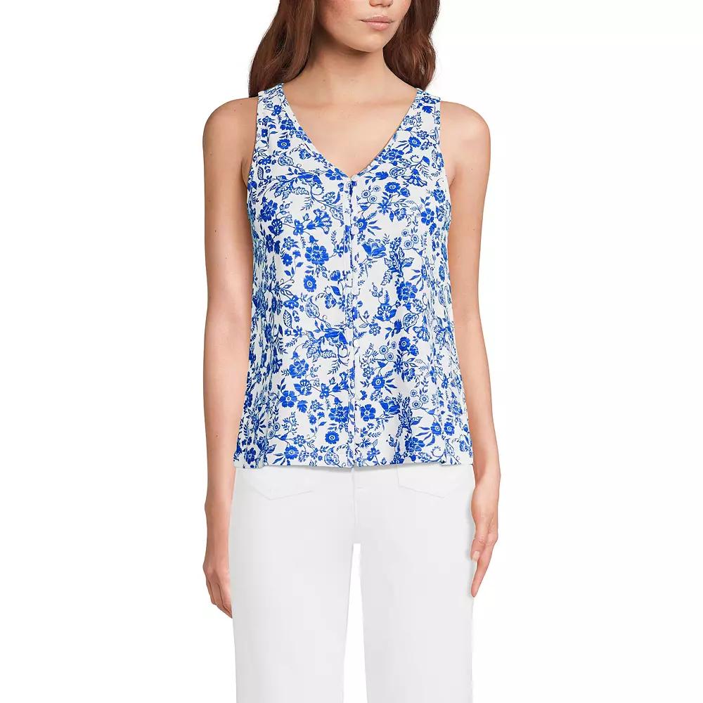 Women's Lands' End Printed Button Down V-Neck Tank Top, Size: Medium, Blue Ornate Floral Product Image