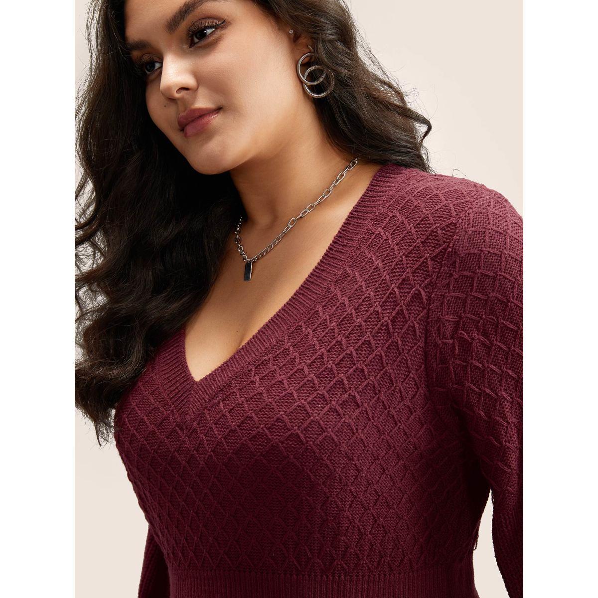 Plus Size Plain Plisse Lantern Sleeve A Line Pullover Scarlet Women Timeless Long Sleeve V-neck Elegant Pullovers BloomChic 28/5X Product Image