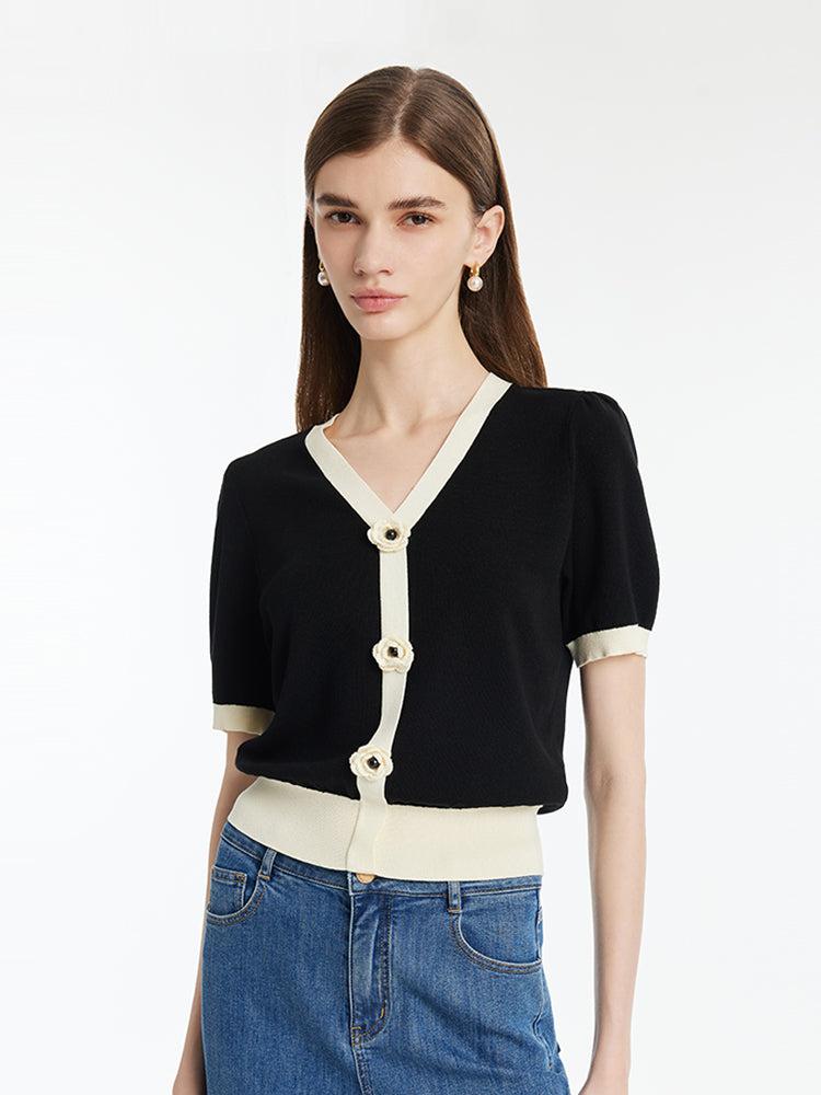 Tencel Contrast Trim V-Neck Women Knit Top With Detachable 3D Flower Product Image