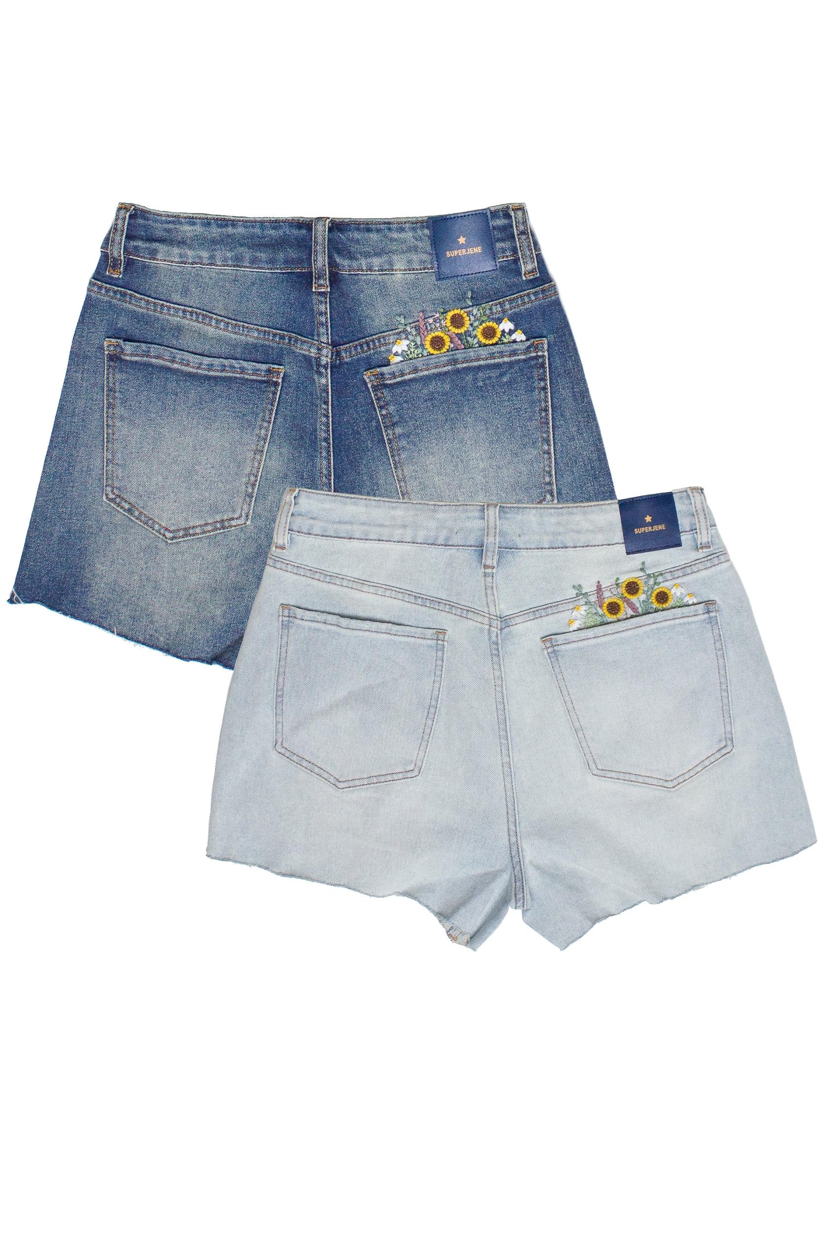 Embroidered Flowers Cut Off Denim Shorts Product Image