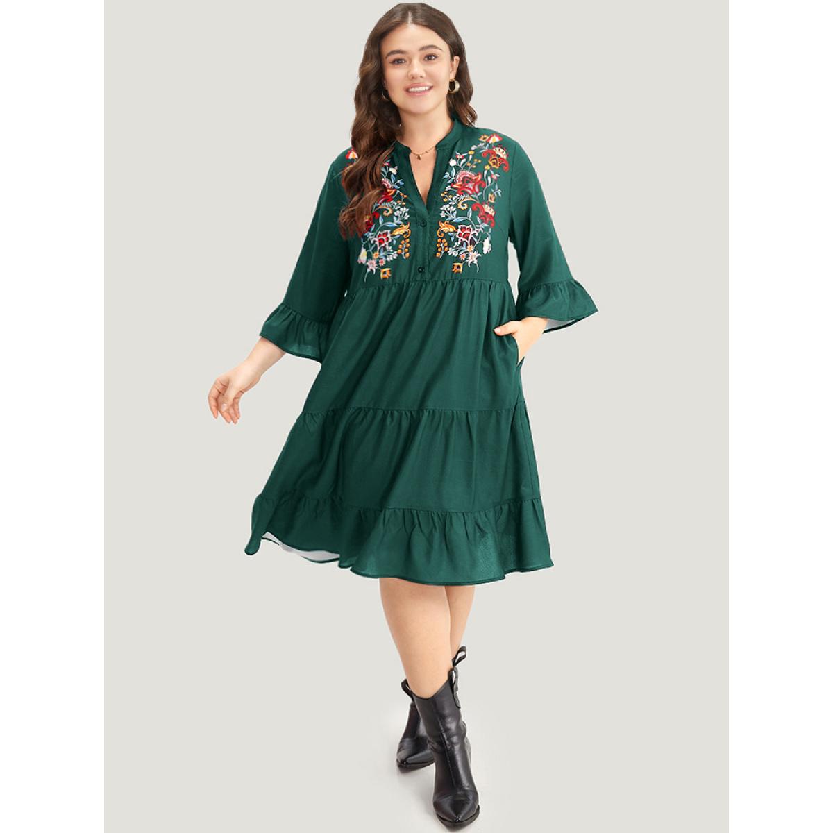 Plus Size Floral Print Ruffles Plicated Detail Dress Teal Women Casual Printed Notched collar Elbow-length sleeve Curvy Midi Dress BloomChic 28/5X Product Image