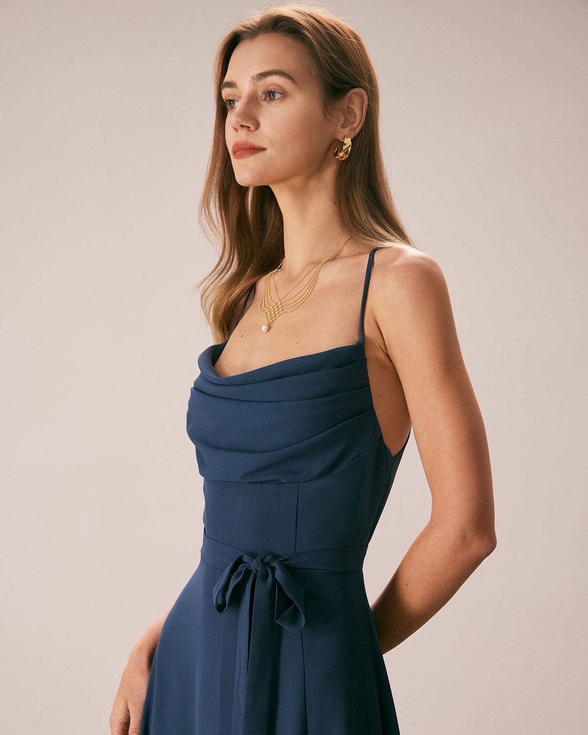 The Navy Cowl Neck Cutout Back Maxi Dress Product Image