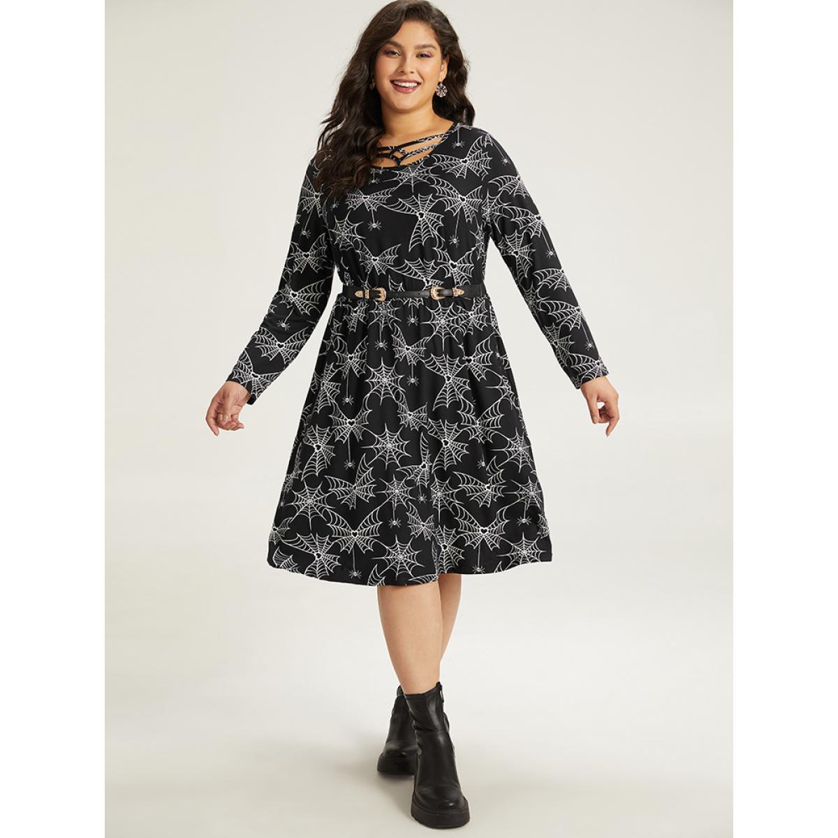 Plus Size Halloween Print Pocket Elastic Waist Crisscross Dress Black Women Casual Printed Round Neck Long Sleeve Curvy Midi Dress BloomChic 30/6X Product Image