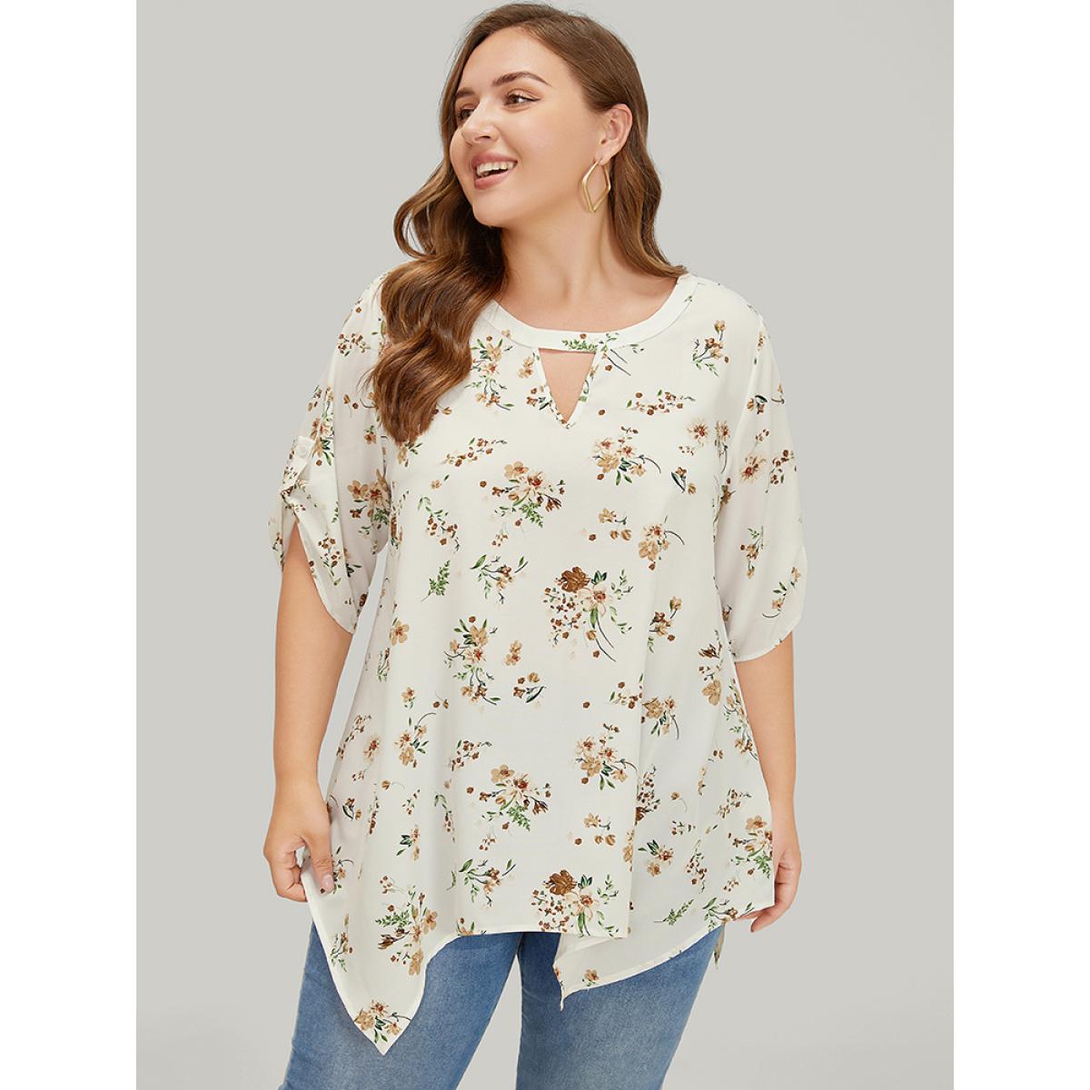 Plus Size White Floral Cuffed Sleeve Hanky Hem Keyhole Neck Blouse Women Elegant Half Sleeve V-neck Dailywear Blouses BloomChic 12/L Product Image