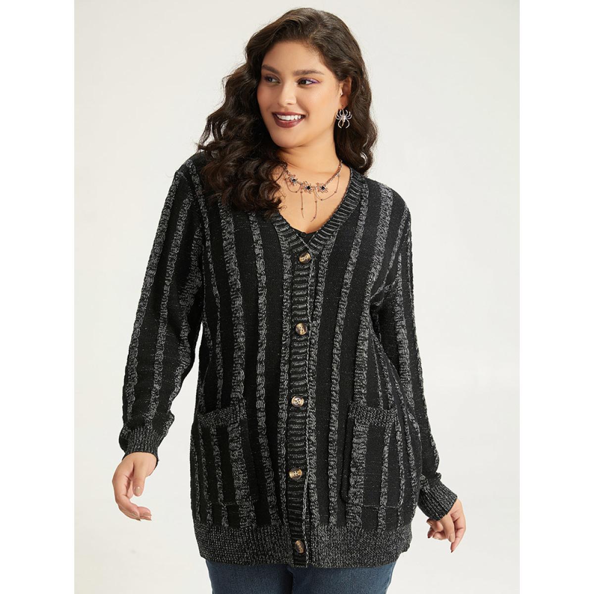 Plus Size Halloween Striped Patched Pocket Button Up Cardigan Black Women Casual Loose Long Sleeve Festival-Halloween Cardigans BloomChic 12/L Product Image