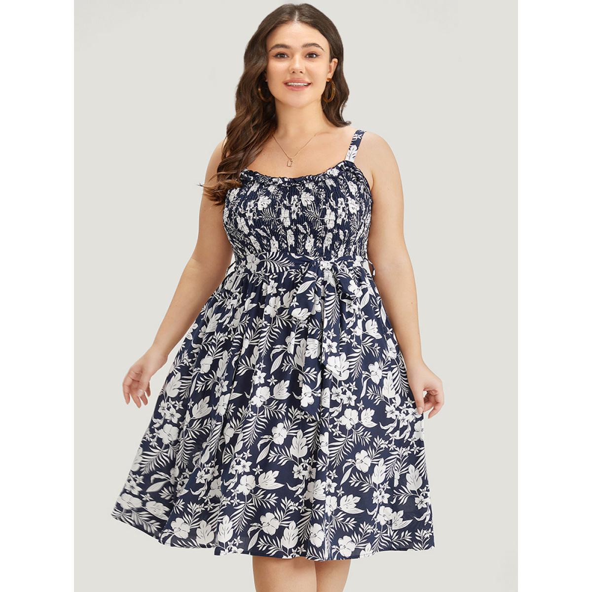 Plus Size Floral Print Spaghetti Strap Shirred Belted Pocket Dress DarkBlue Women Elegant Belted Spaghetti Strap Sleeveless Curvy Midi Dress BloomChic 30/6X Product Image