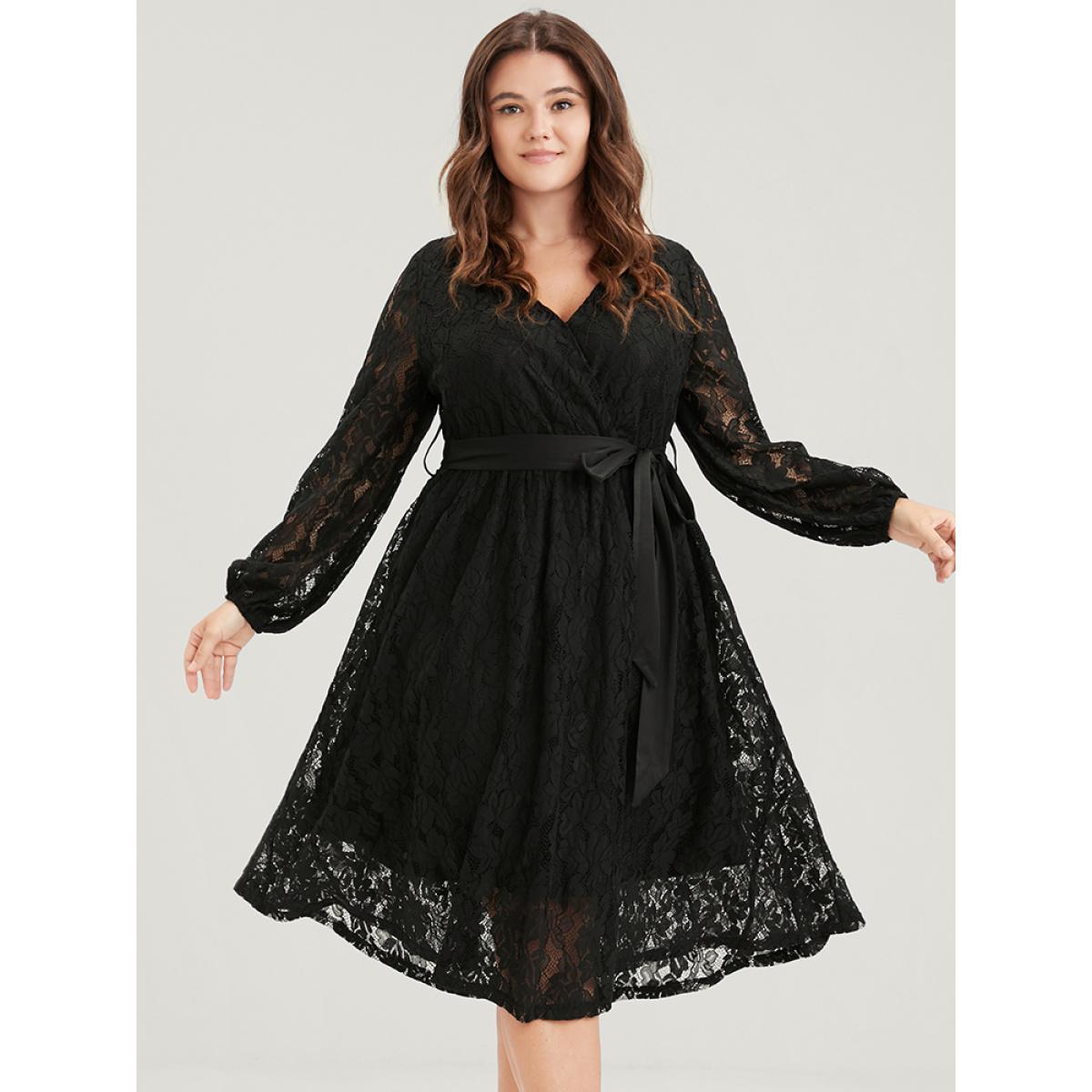 Embroidered Elegant Plus Size Women Going out Plain Midi Dress Ties Slightly Stretchy Lantern Sleeve Long Sleeve V Neck Belt Glamour Dresses BloomChic Product Image