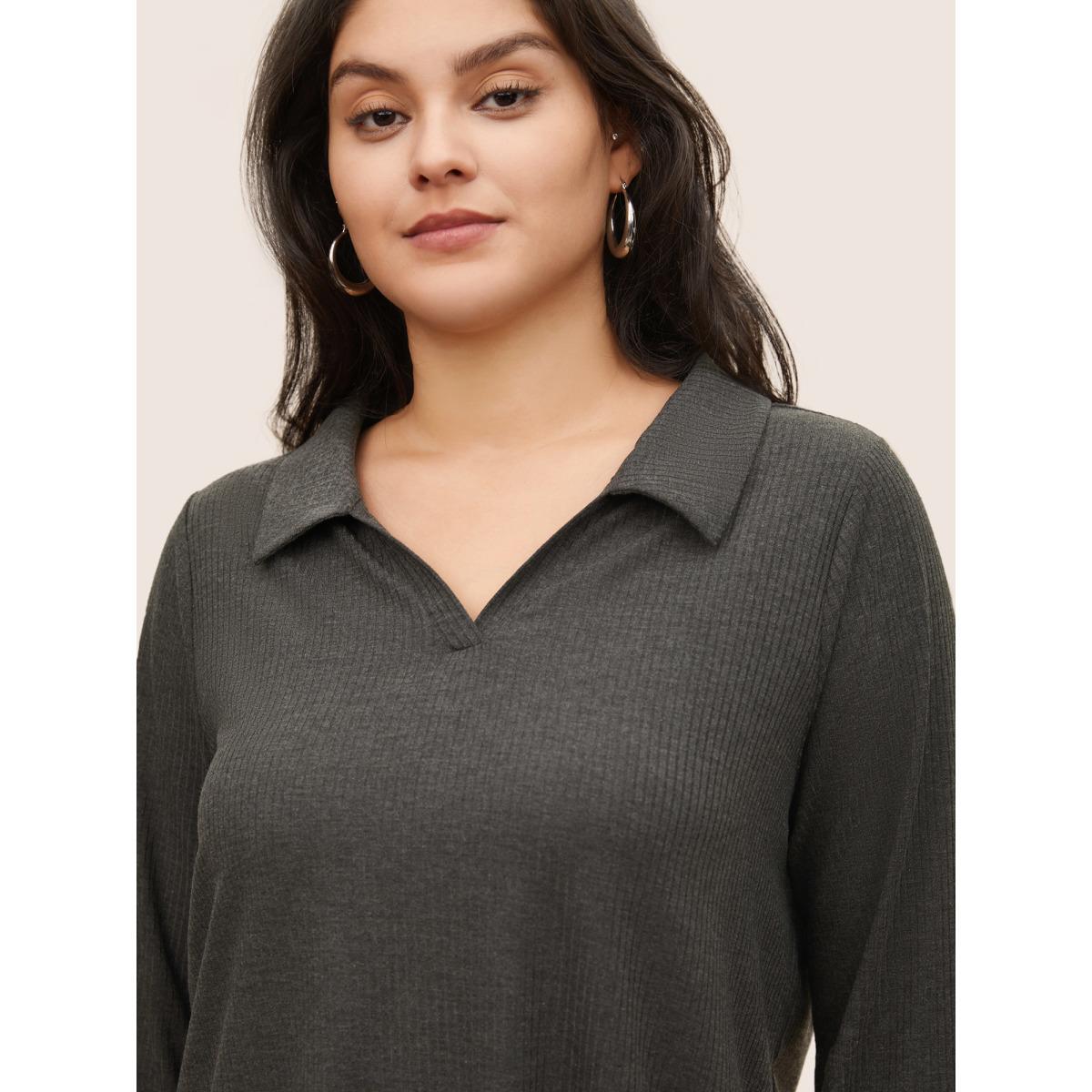 Plus Size Plain Lapel Collar Rib Knit T-shirt DimGray Women Casual Non Plain Lapel Collar Everyday T-shirts BloomChic 14-16/1X Product Image