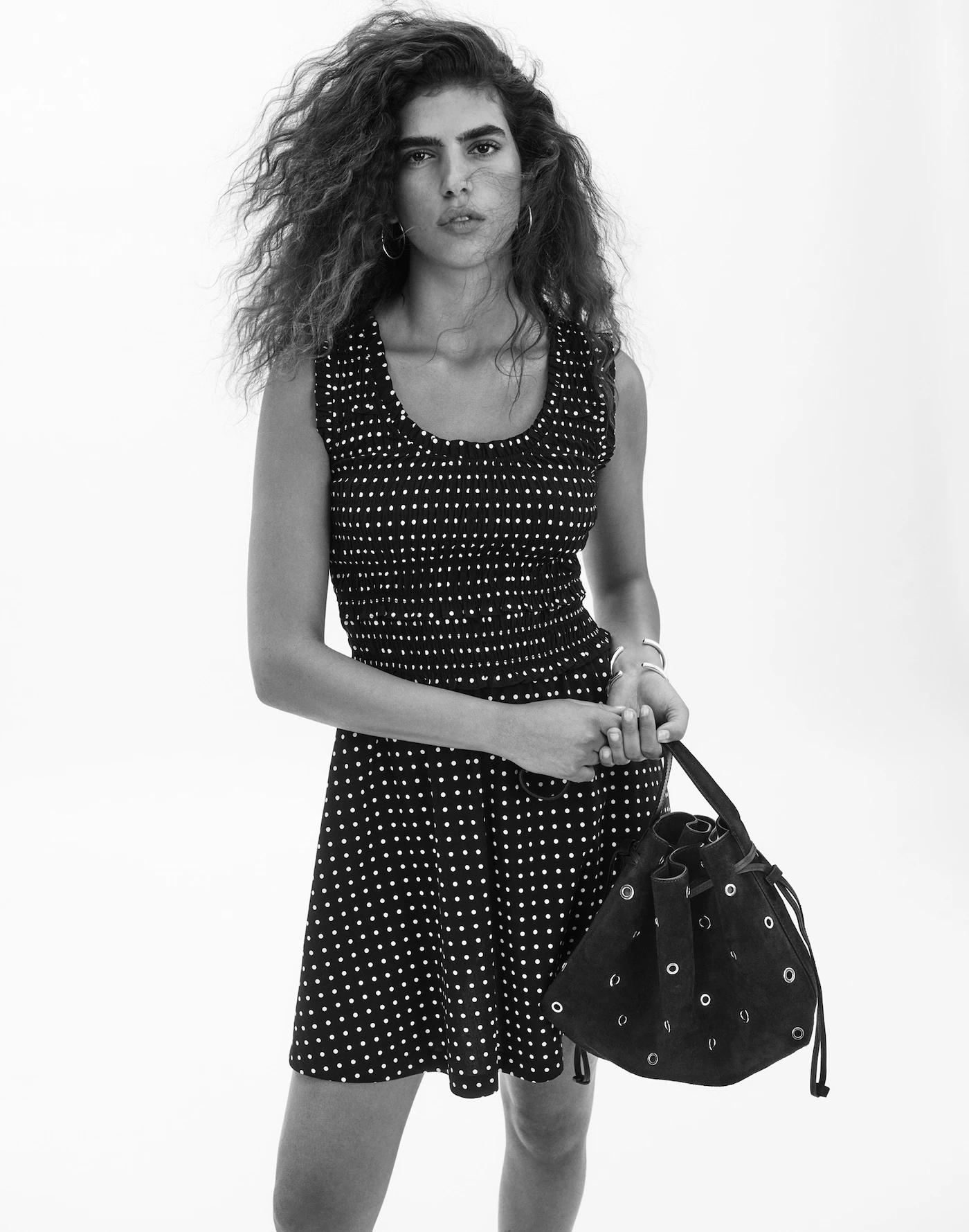 Ruffled Scoopneck Mini Dress in Dot Product Image