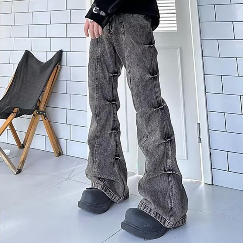 Sopula Retro Wasteland Style Washed Pleated Bootcut Jeans Product Image
