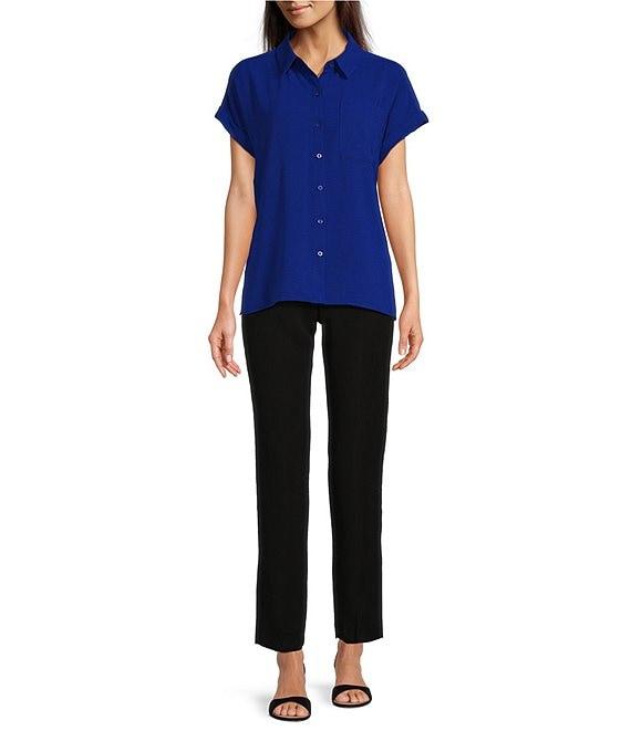 Calvin Klein Puckered Woven Short Cuffed Sleeve Button Front Point Collar Top Product Image