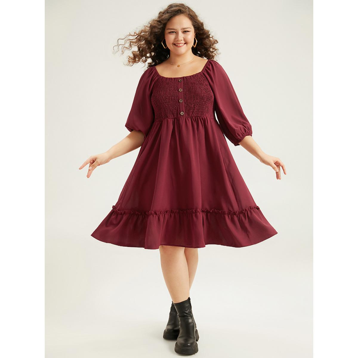 Plus Size Shirred Pocket Button Detail Frill Trim Dress Burgundy Women Casual Elastic cuffs Square Neck Elbow-length sleeve Curvy Knee Dress BloomChic 22-24/3X Product Image