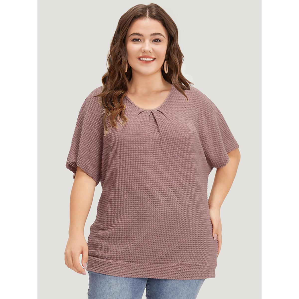 Plus Size Plain Waffle Knit Plicated Detail Guipure Lace Flutter Sleeve T-shirt DustyPink Women Elegant Non Plain Round Neck Work T-shirts BloomChic 30/6X Product Image