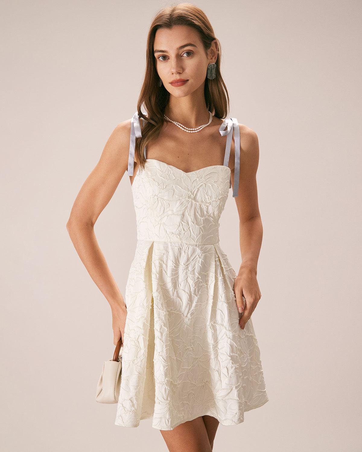 The Off White Jacquard Tie Strap Mini Dress Product Image