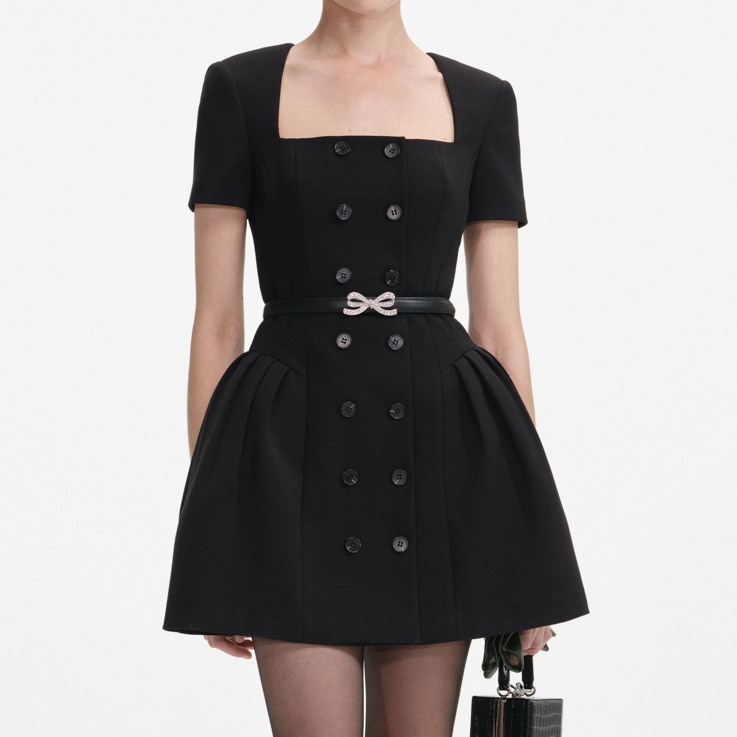 Black Crepe Short Sleeve Mini Dress Product Image