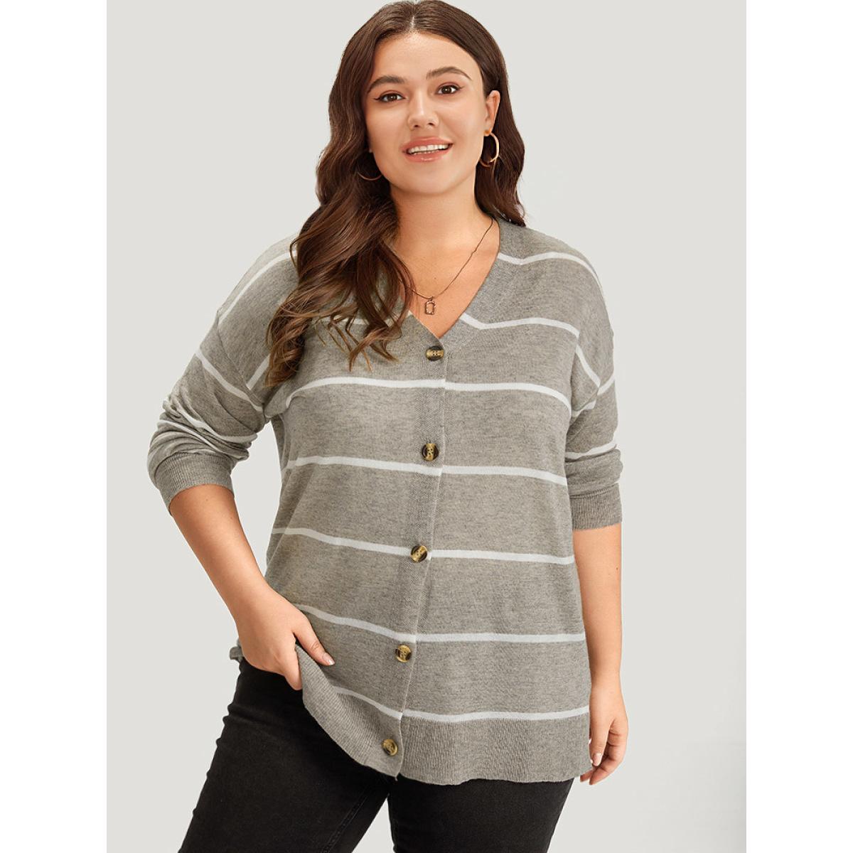 Plus Size Supersoft Essentials Striped Button Through Elastic Cuffs Cardigan DarkGray Women Casual Loose Long Sleeve Dailywear Cardigans BloomChic 12/L Product Image