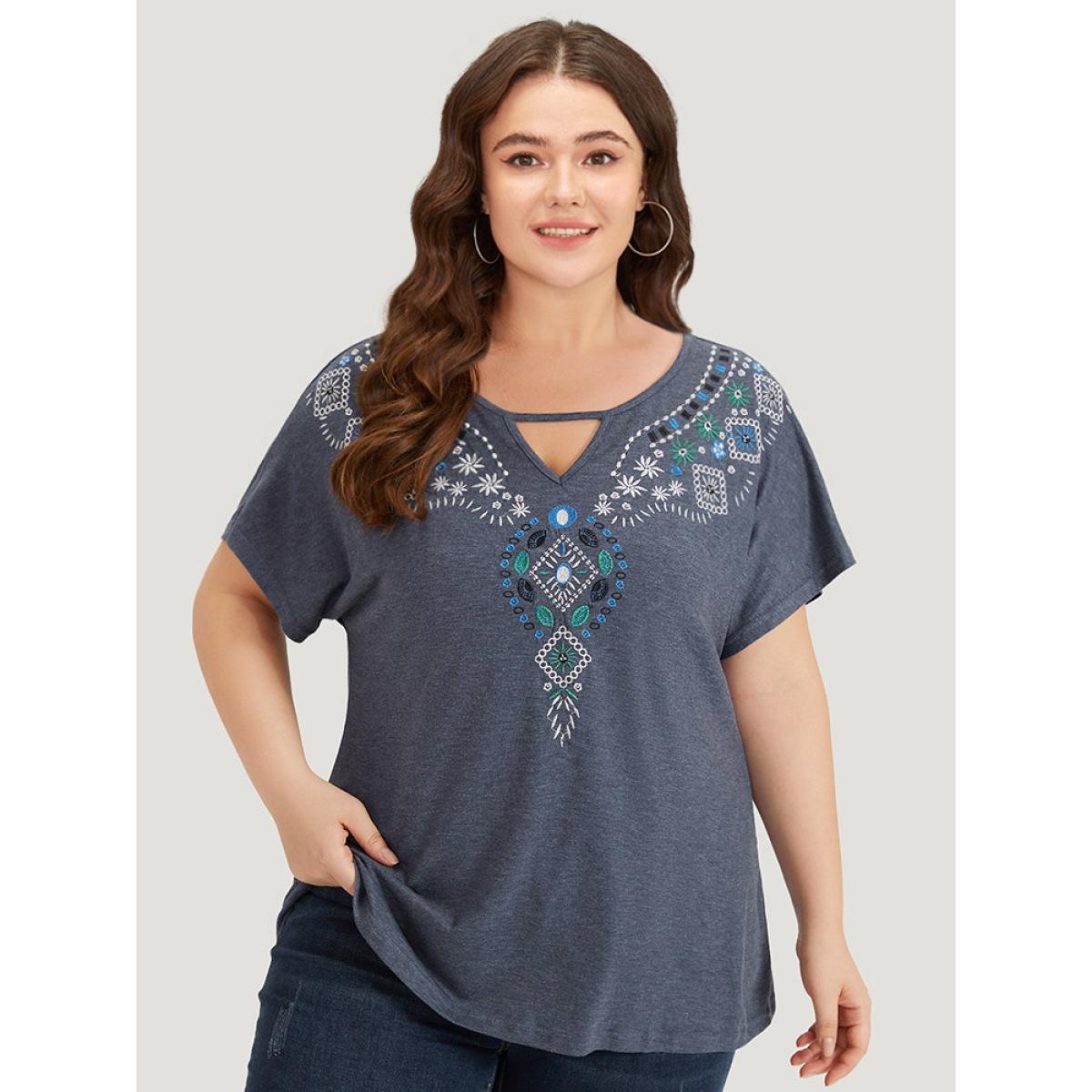 Plus Size Floral Embroidered Keyhole Dolman Sleeve T-shirt Blue Women Elegant Cut-Out Bohemian Print Keyhole Cut-Out Dailywear T-shirts BloomChic 26/4X Product Image