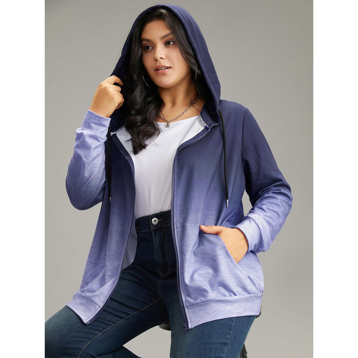 Plus Size Ombre Hooded Zipper Drawstring Sweatshirt Women DarkBlue Casual Zipper Hooded Everyday Sweatshirts BloomChic 10/M Product Image